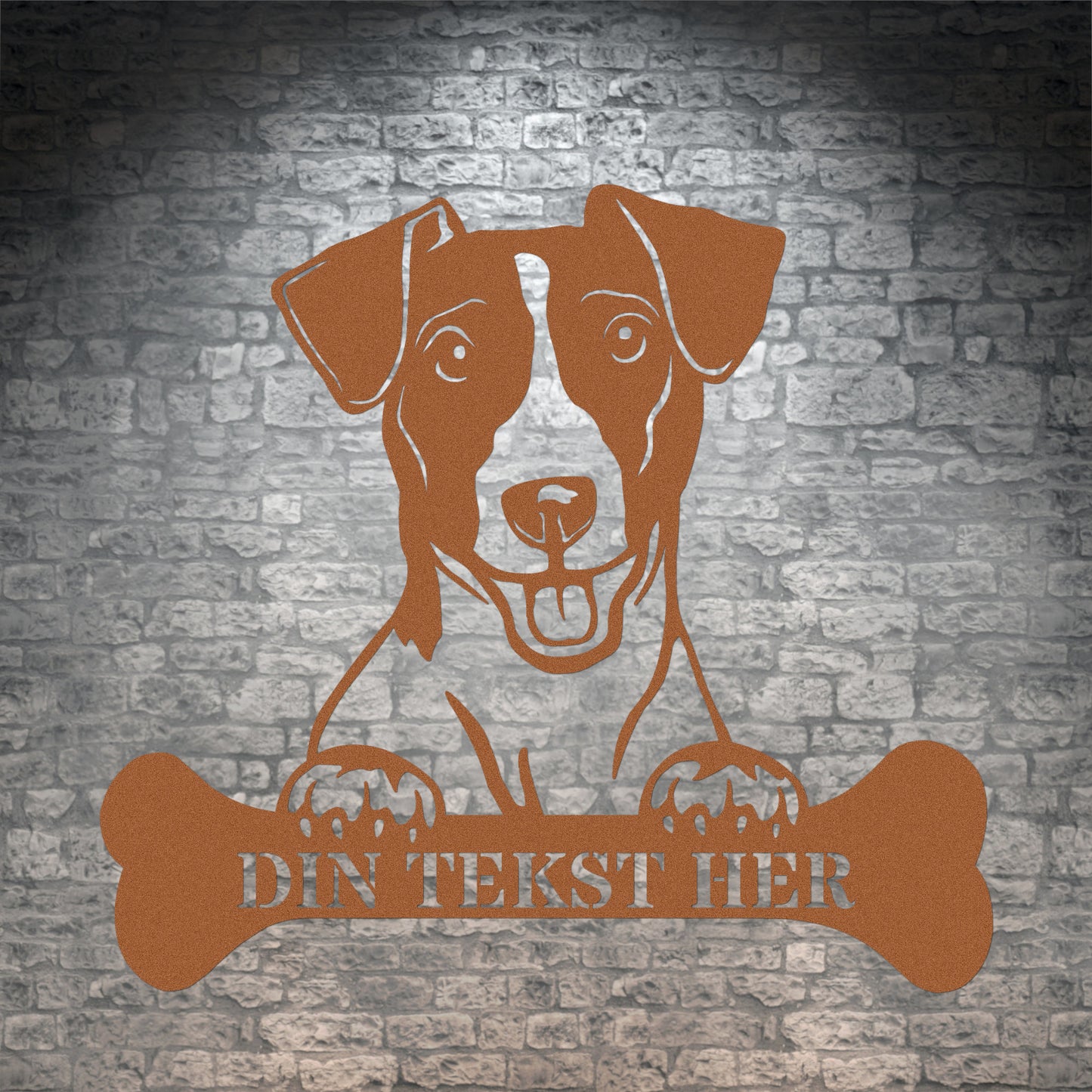 Personlig jack russel terrier metalskilt i brun med personlig tekst. Hundeejer gaveidé
