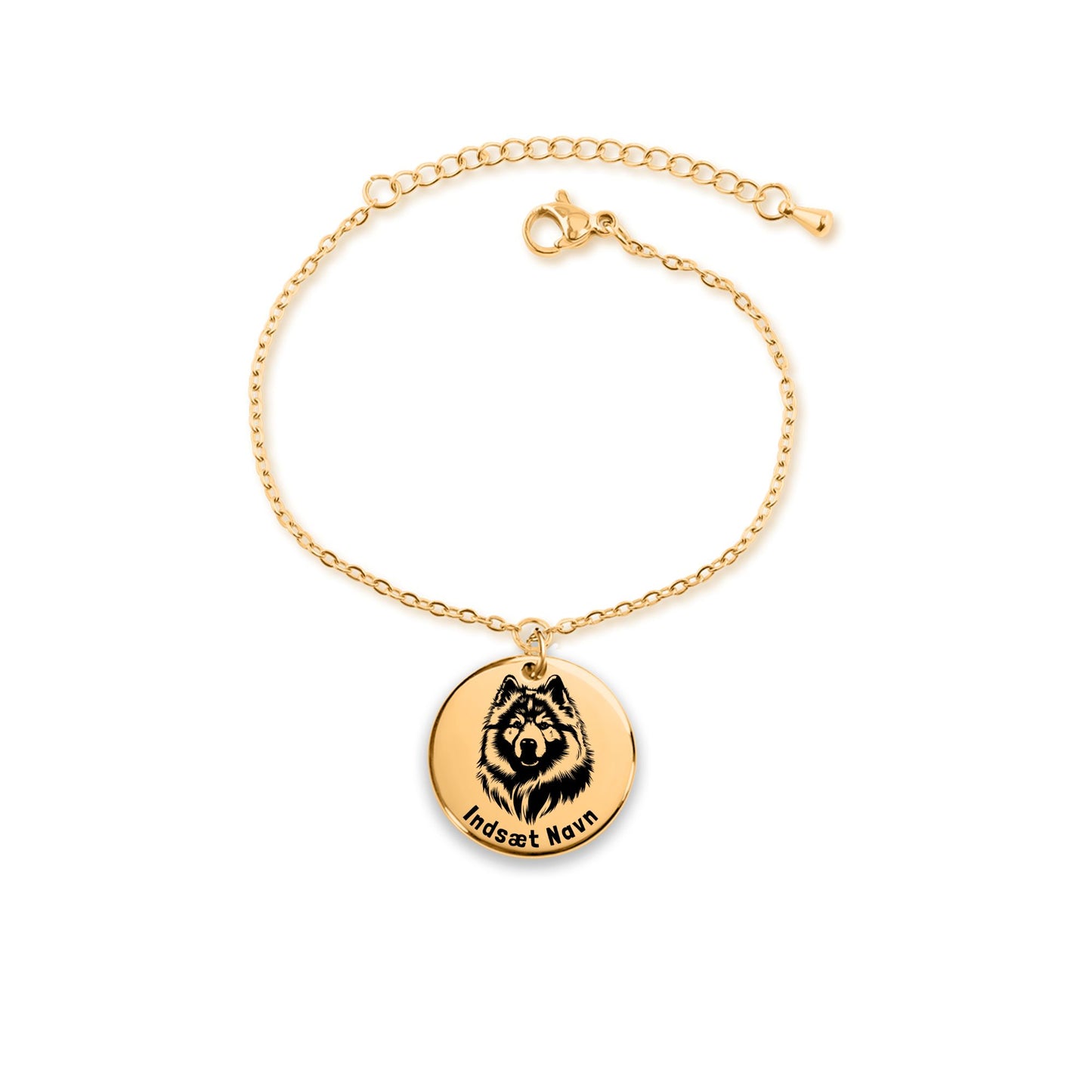 Personlig keeshond guld armbånd i smykkeboks med kærlig besked.Personlig gaveidé til hundeejeren