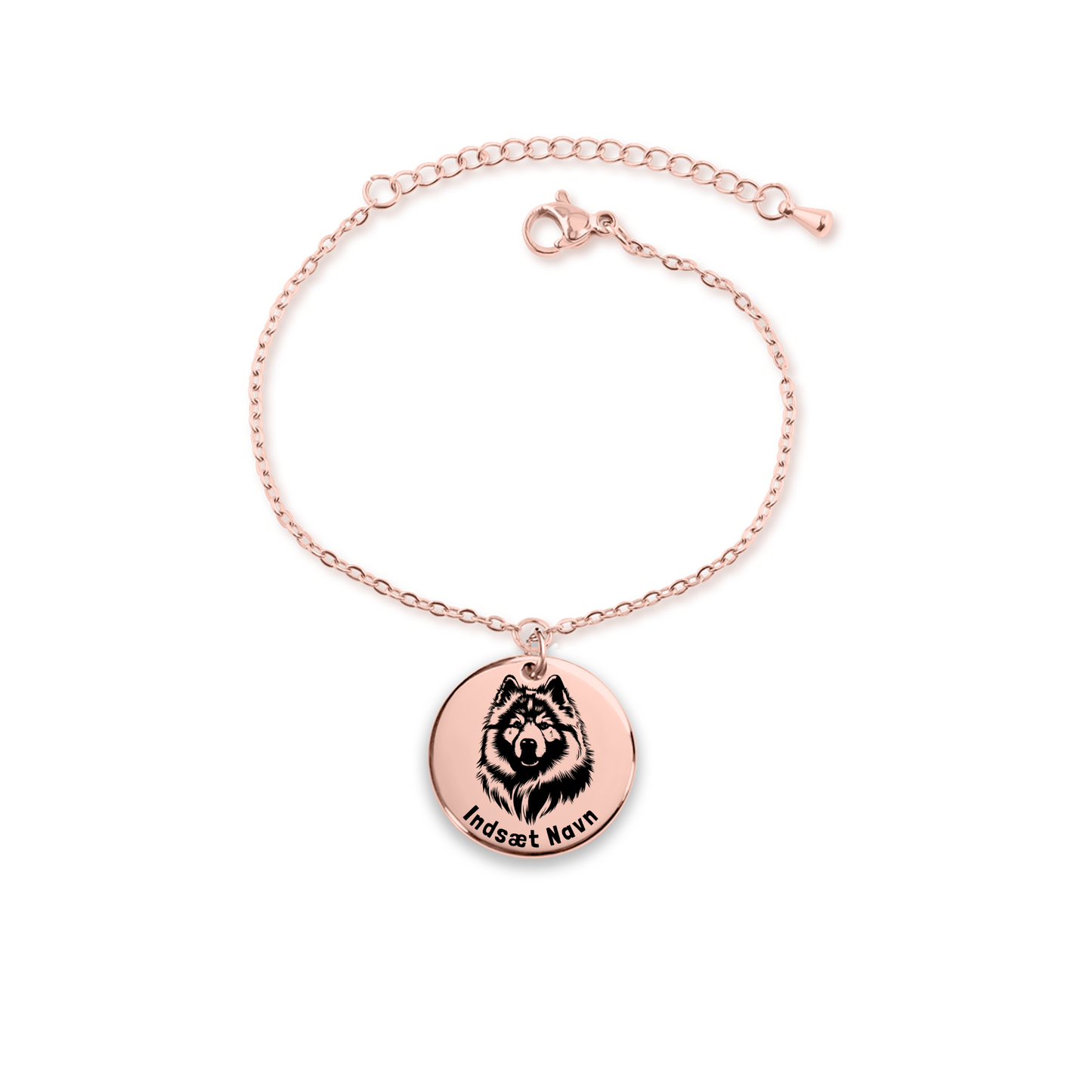 Personlig keeshond rosa guld armbånd i smykkeboks med kærlig besked.Personlig gaveidé til hundeejeren.