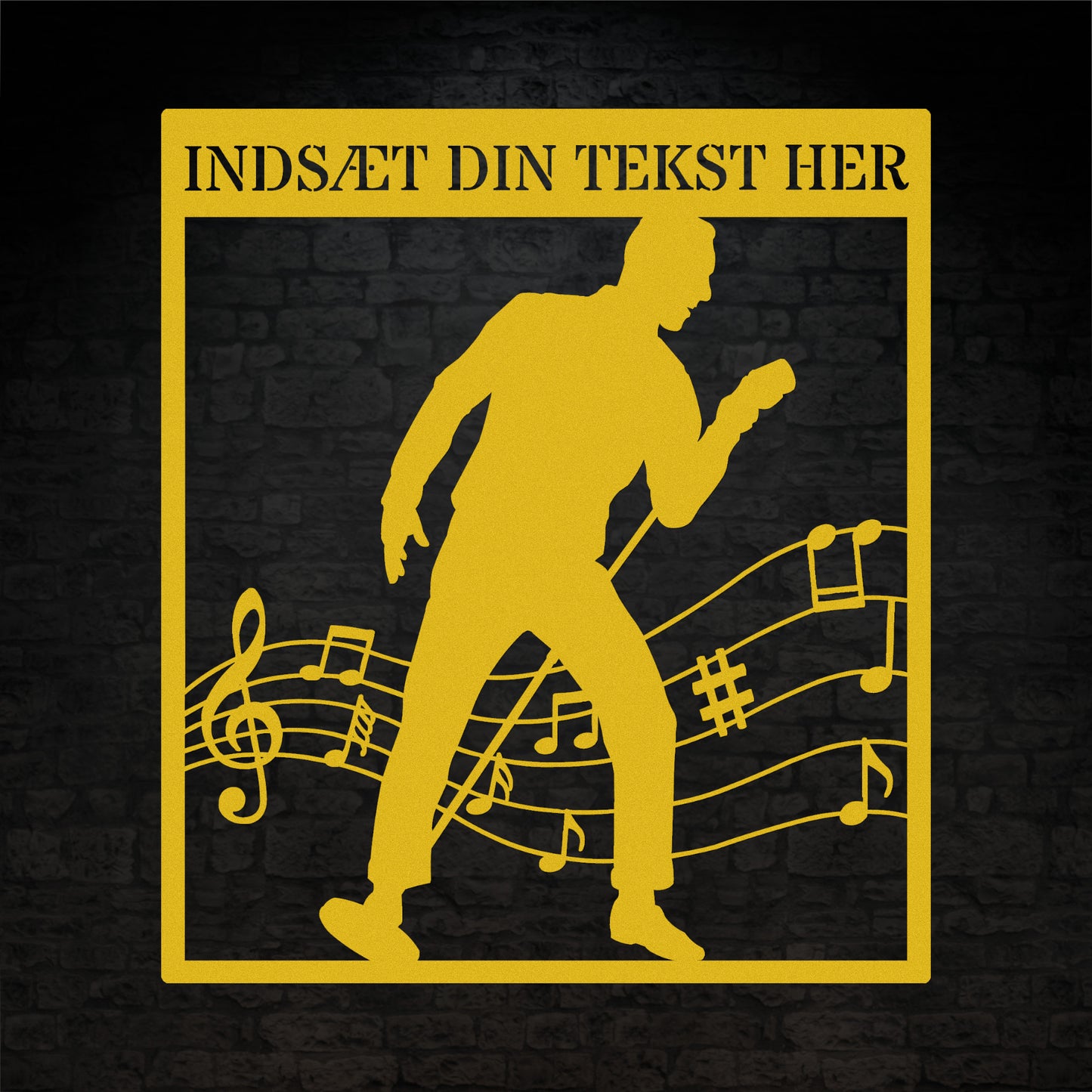 Personlig mandlig sanger vægskilt i gul med tekst. Unik gaveidé til musikeren