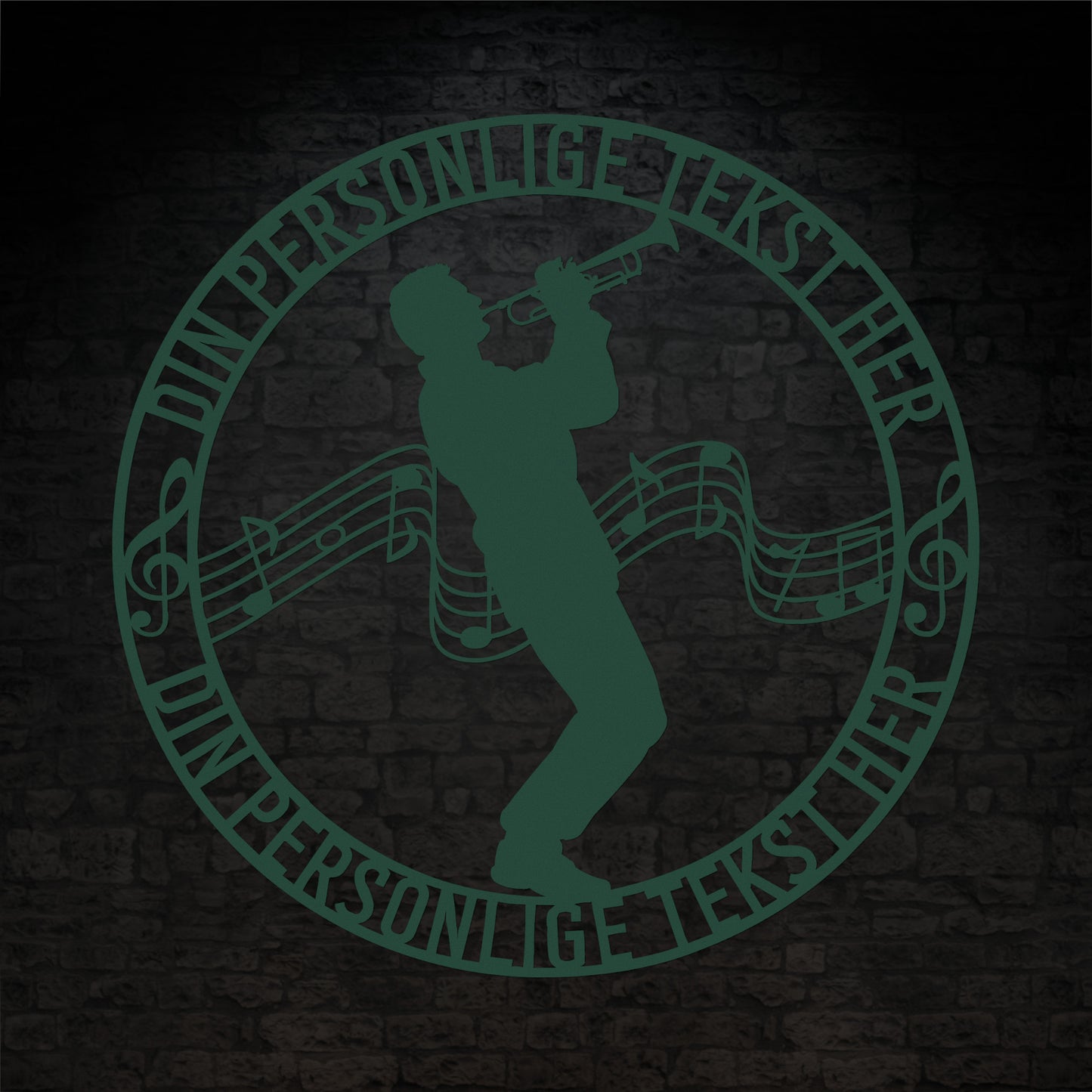 Personlig mandlig trompetist metal vægskilt i grøn med tekst. Unik musiker gaveidé