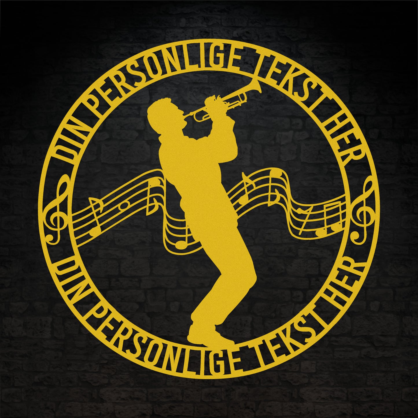 Personlig mandlig trompetist metal vægskilt i gul med tekst. Unik musiker gaveidé