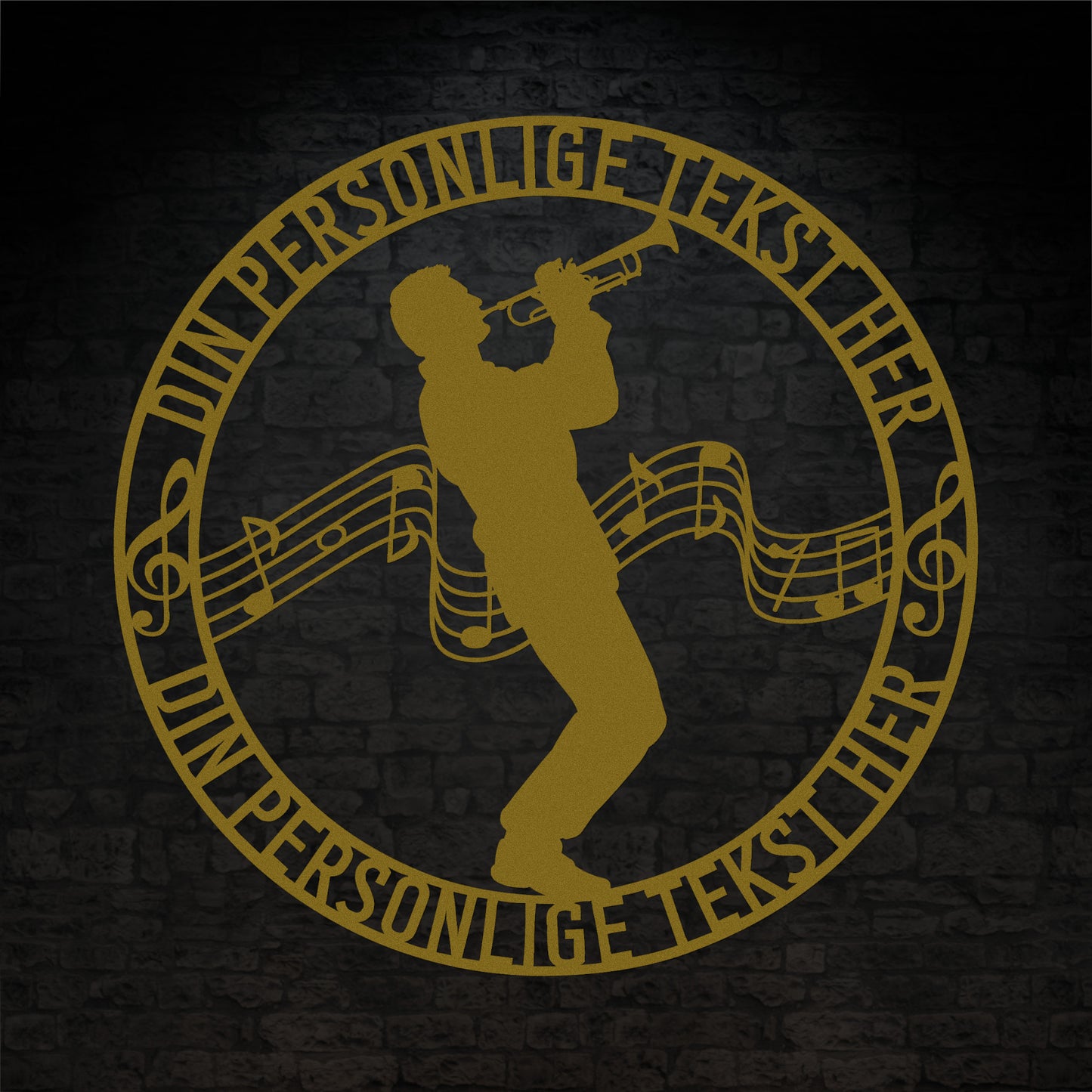 Personlig mandlig trompetist metal vægskilt i guld med tekst. Unik musiker gaveidé