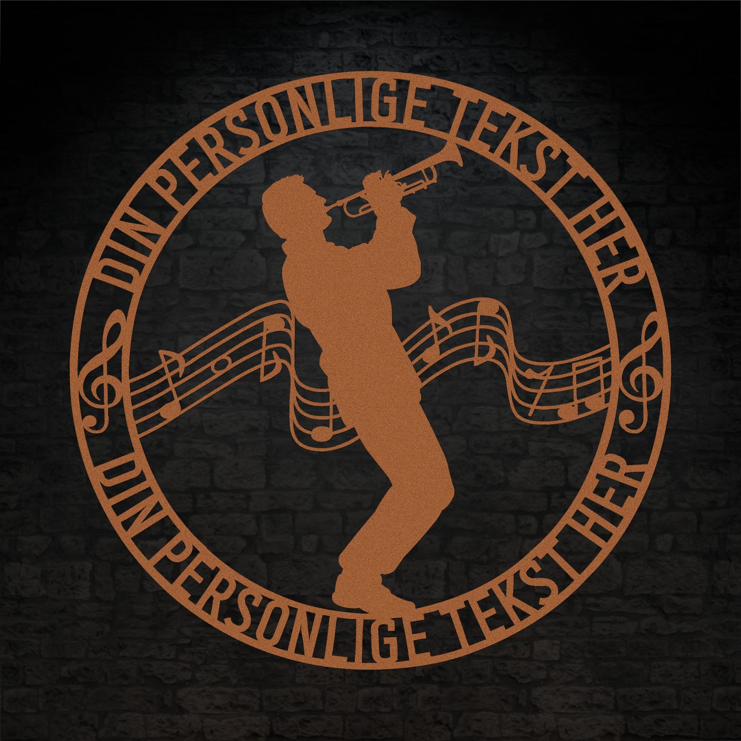 Personlig mandlig trompetist metal vægskilt i kobber med tekst. Unik musiker gaveidé