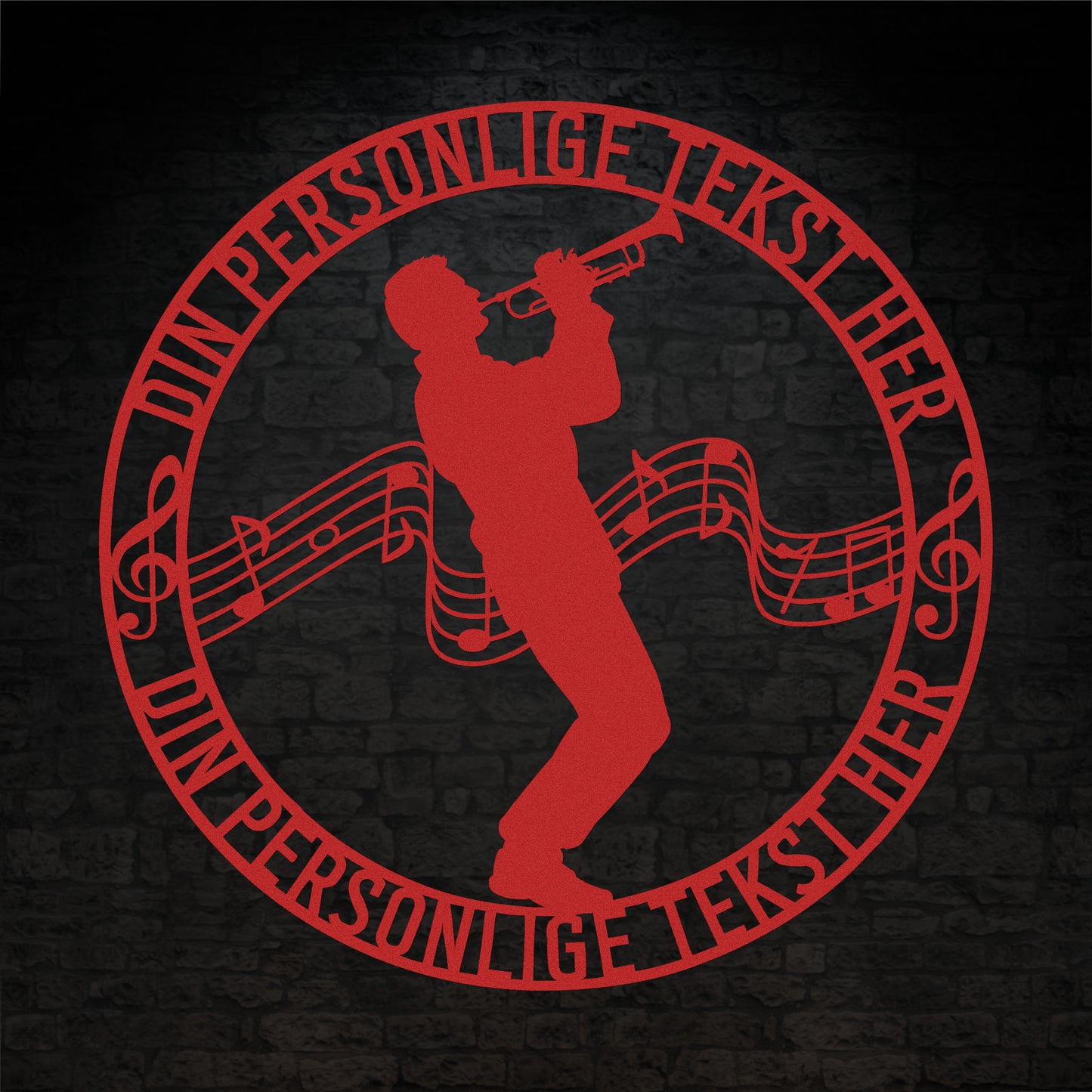 Personlig mandlig trompetist metal vægskilt i rød med tekst. Unik musiker gaveidé