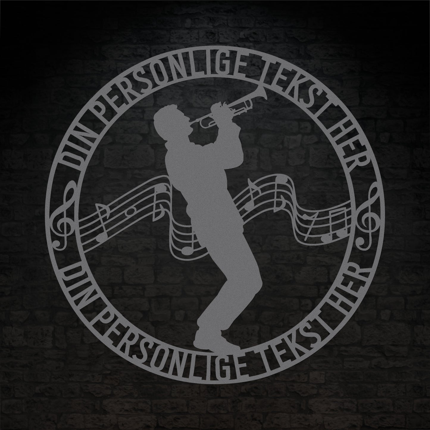 Personlig mandlig trompetist metal vægskilt i sølv med tekst. Unik musiker gaveidé