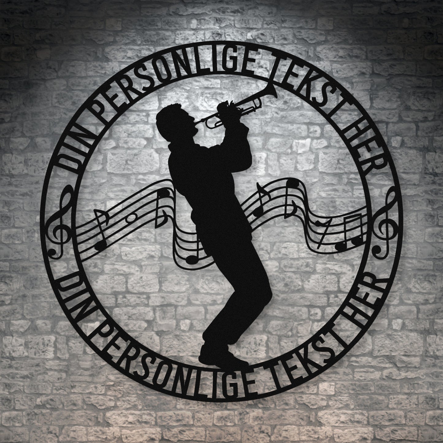 Personlig mandlig trompetist metal vægskilt i sort med tekst. Unik musiker gaveidé