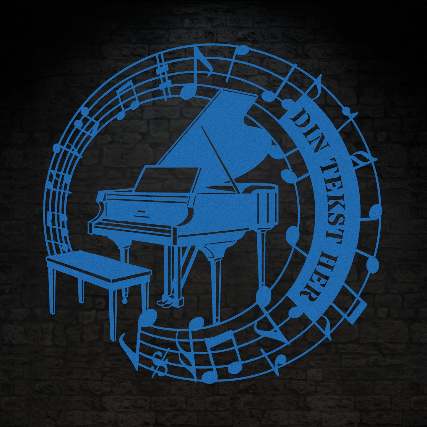 Personlig metal vægskilt i blå med tekst til pianisten. Unik musiker gaveidé