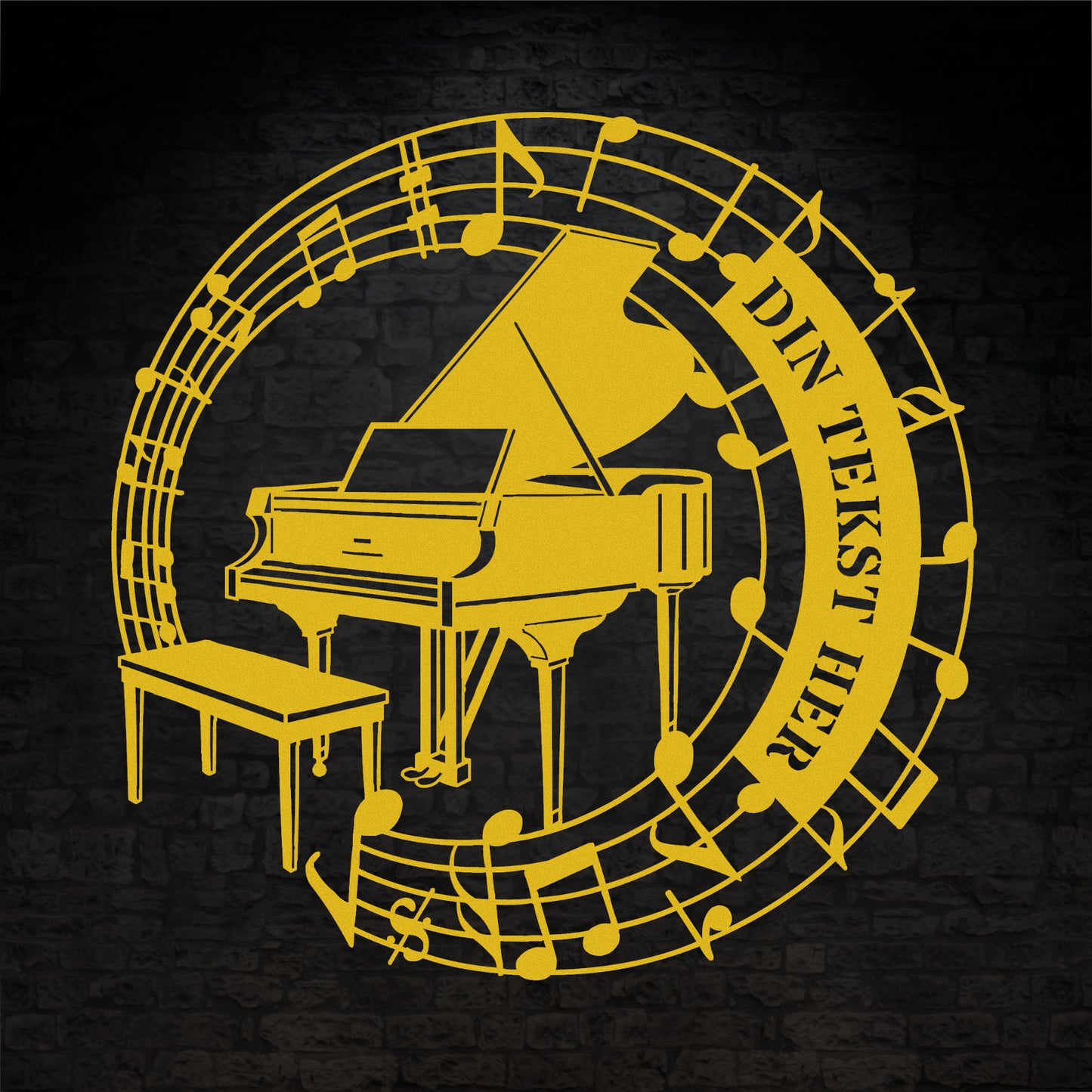 Personlig metal vægskilt i gul med tekst til pianisten. Unik musiker gaveidé