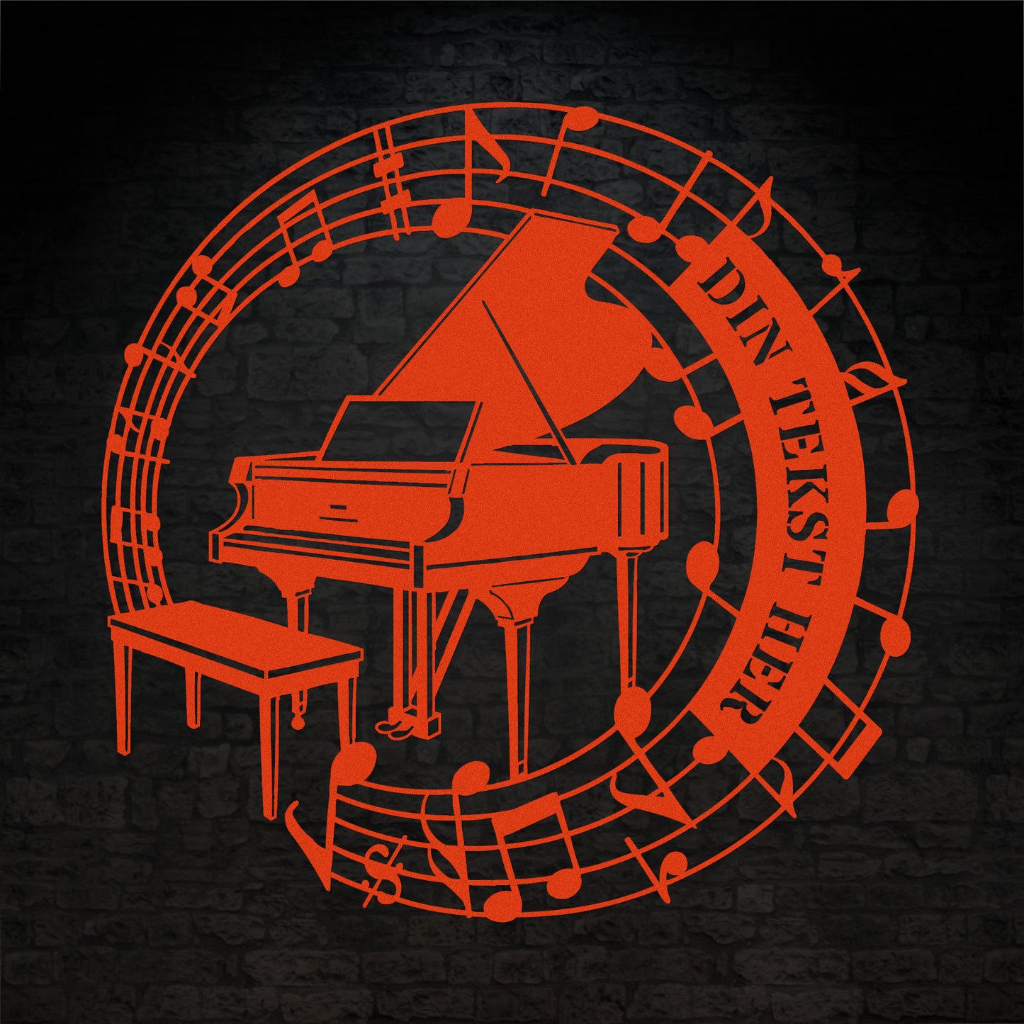Personlig metal vægskilt i orange med tekst til pianisten. Unik musiker gaveidé