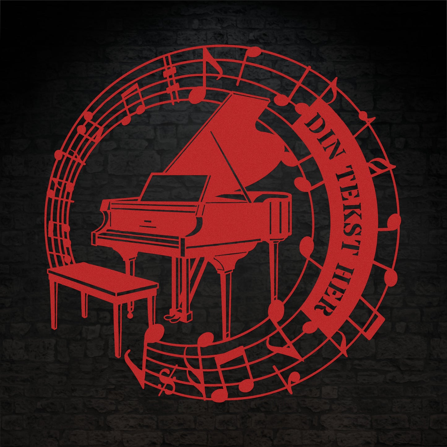 Personlig metal vægskilt i rød med tekst til pianisten. Unik musiker gaveidé