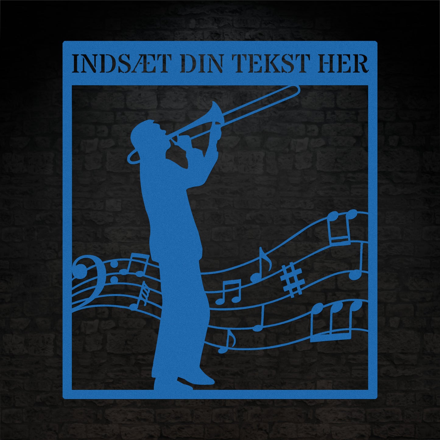 Personlig musiker metal vægskilt i blå med tekst. Unik trombonist gaveidé
