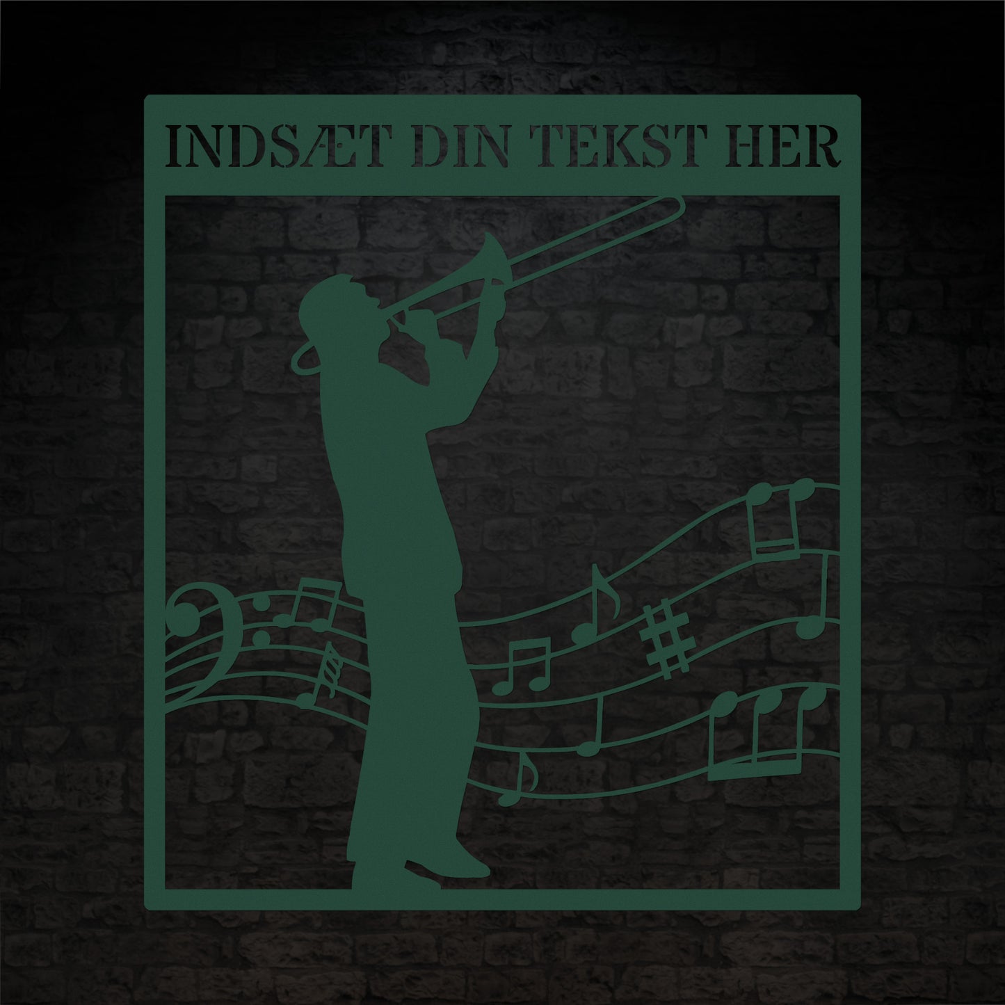 Personlig musiker metal vægskilt i grøn med tekst. Unik trombonist gaveidé