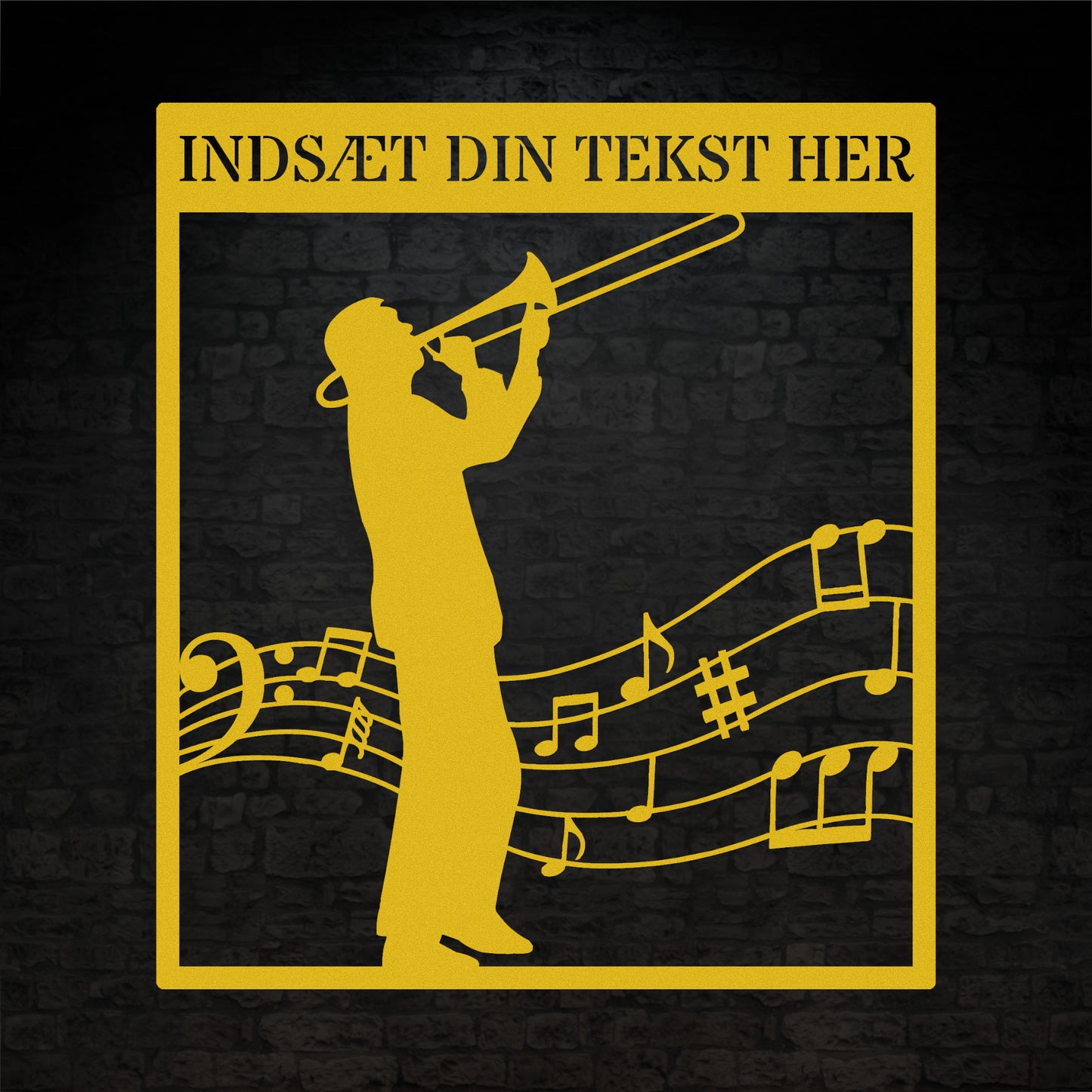Personlig musiker metal vægskilt i gul med tekst. Unik trombonist gaveidé