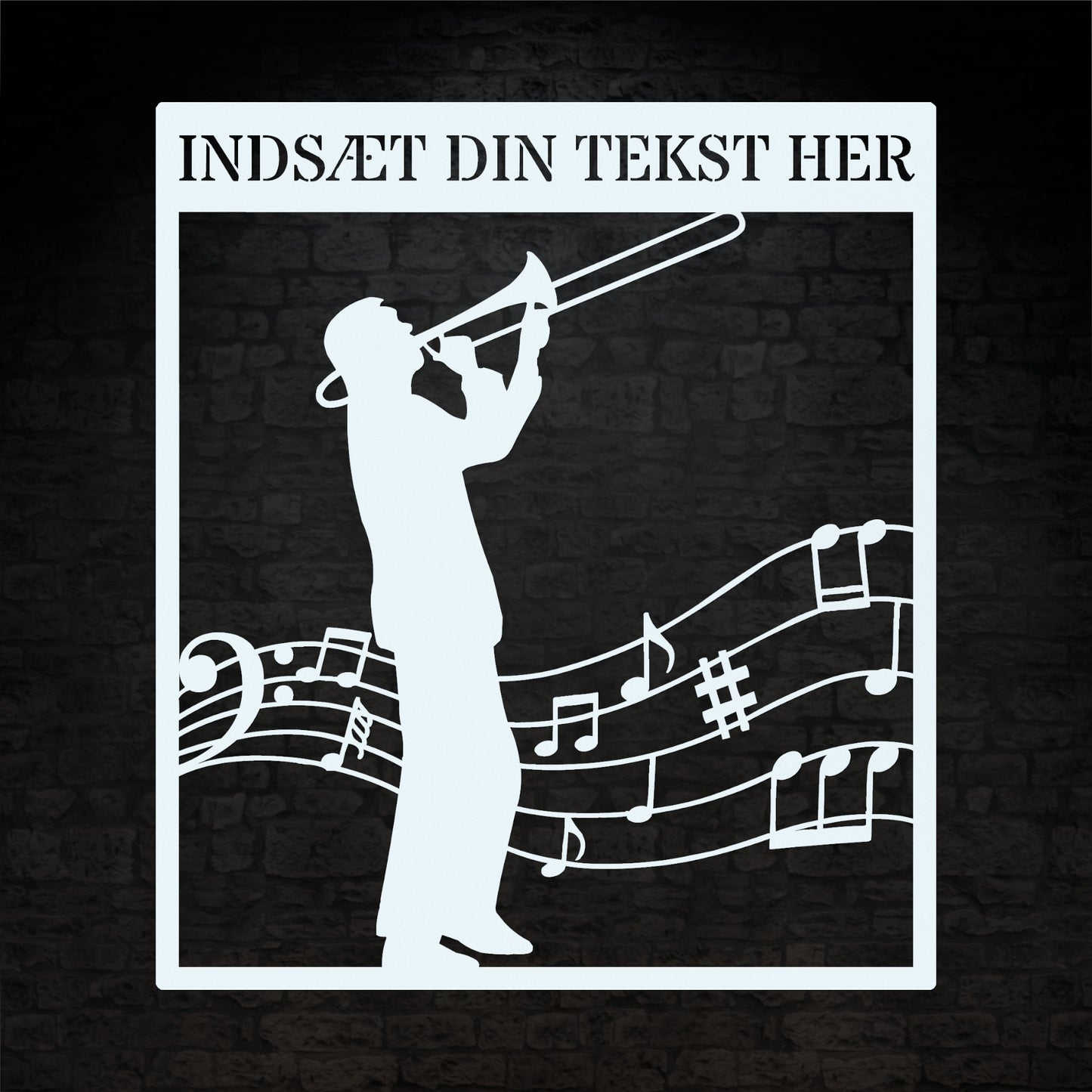 Personlig musiker metal vægskilt i hvid med tekst. Unik trombonist gaveidé