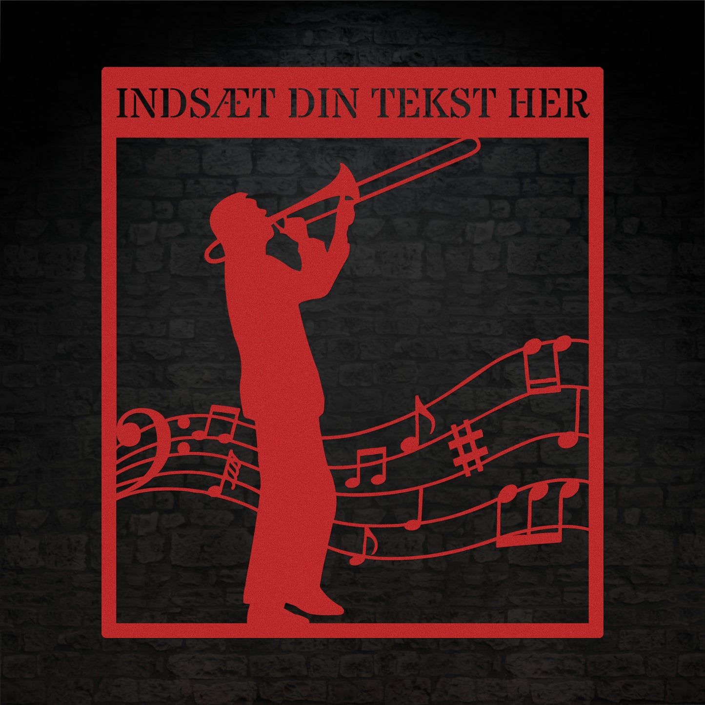 Personlig musiker metal vægskilt i rød med tekst. Unik trombonist gaveidé