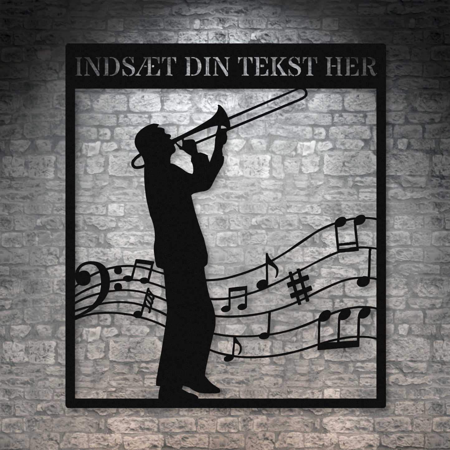 Personlig musiker metal vægskilt i sort med tekst. Unik trombonist gaveidé