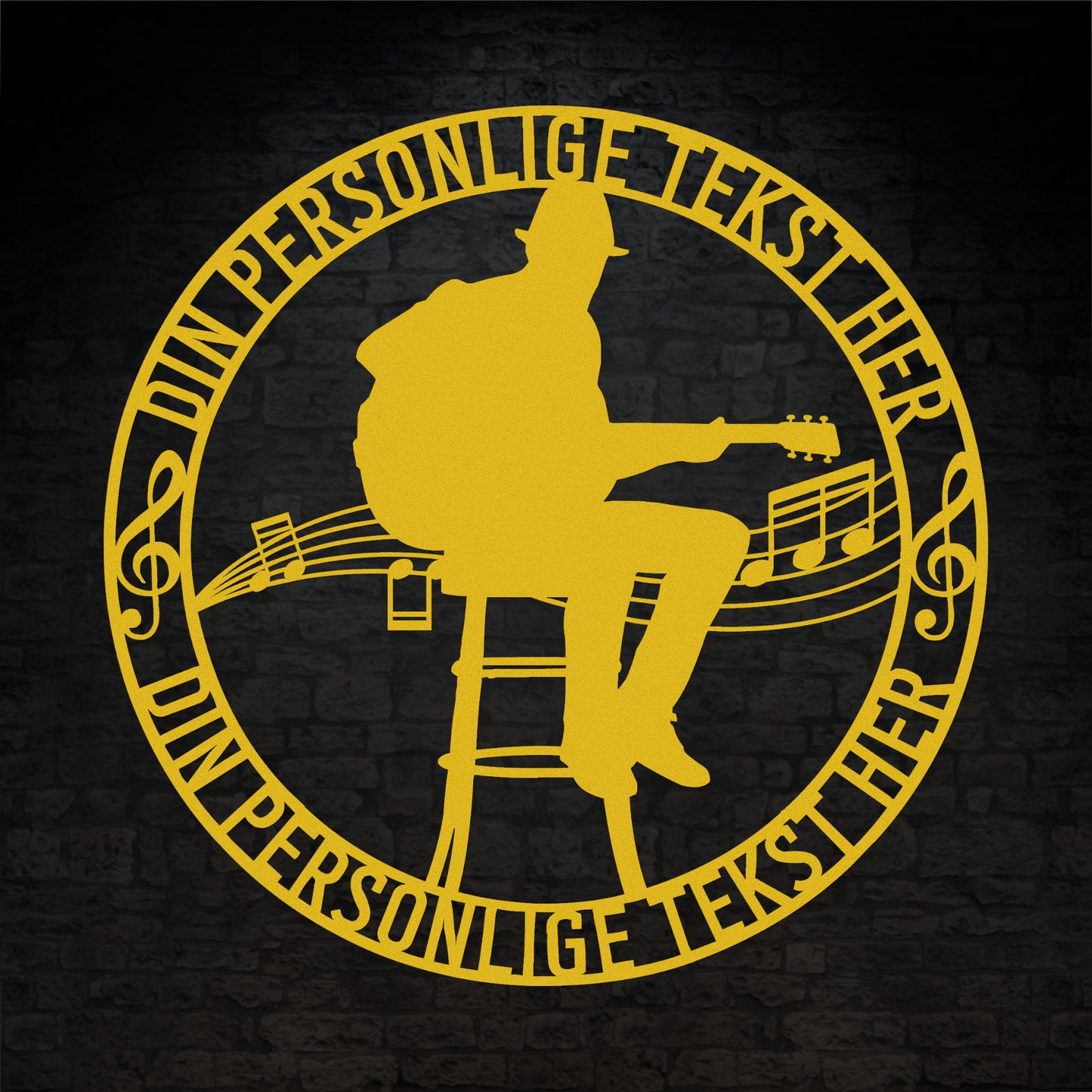 Personlig musiker metalskilt i gul med personlig tekst. Unik guitarist navneskilt gaveidé