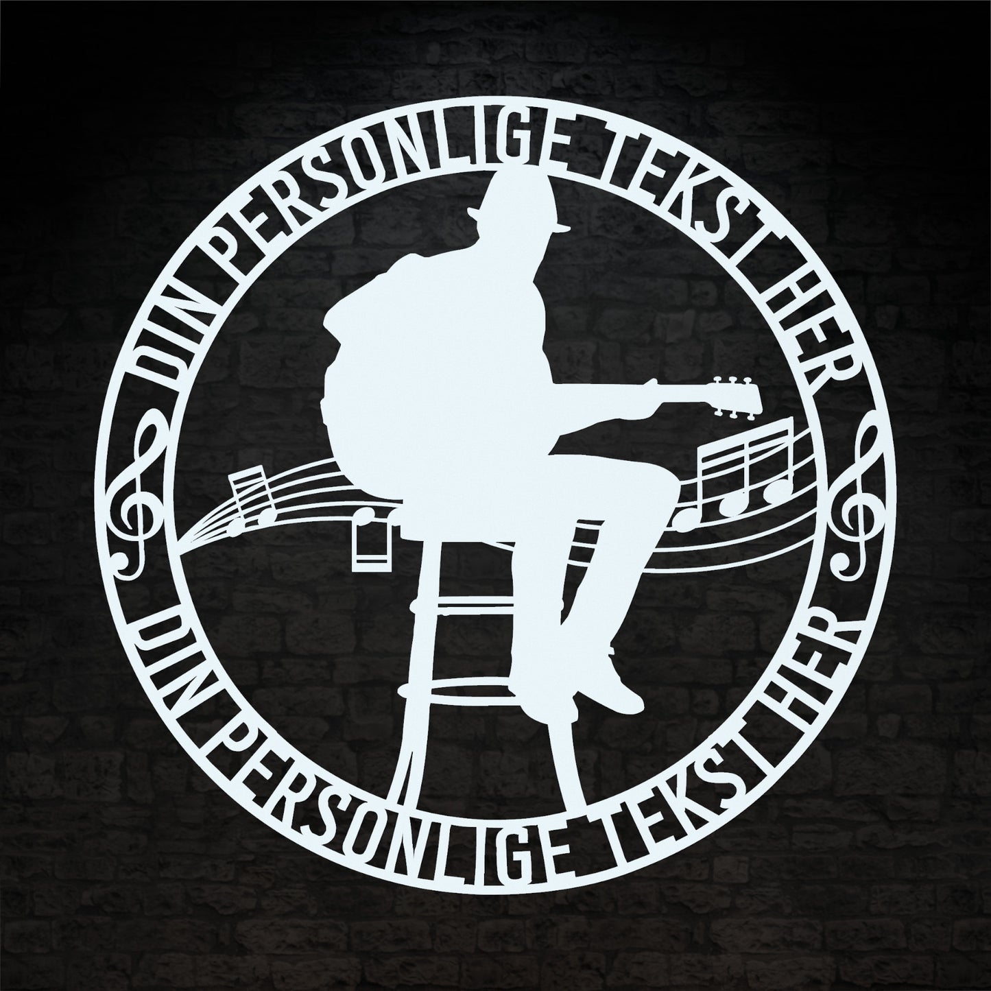 Personlig musiker metalskilt i hvid med personlig tekst. Unik guitarist navneskilt gaveidé