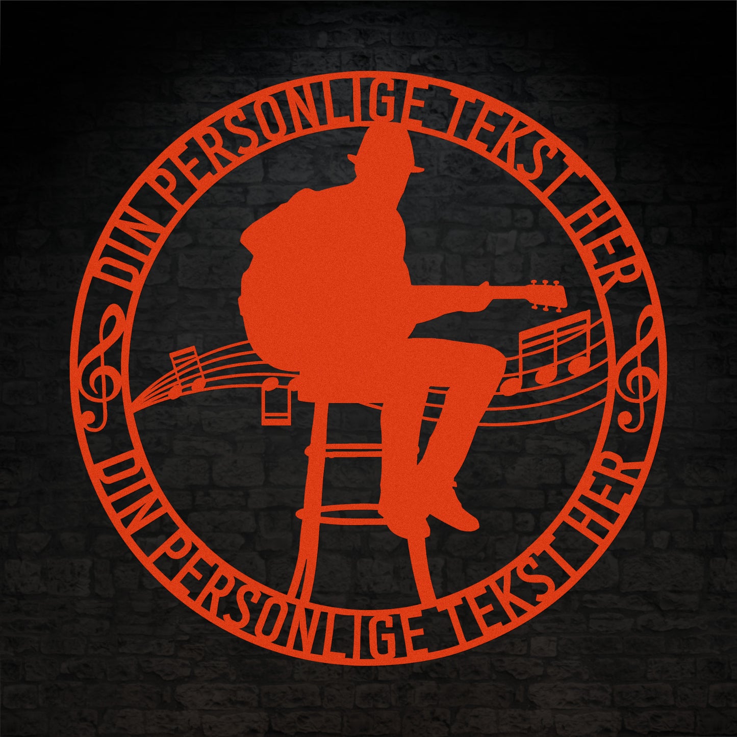 Personlig musiker metalskilt i orange med personlig tekst. Unik guitarist navneskilt gaveidé