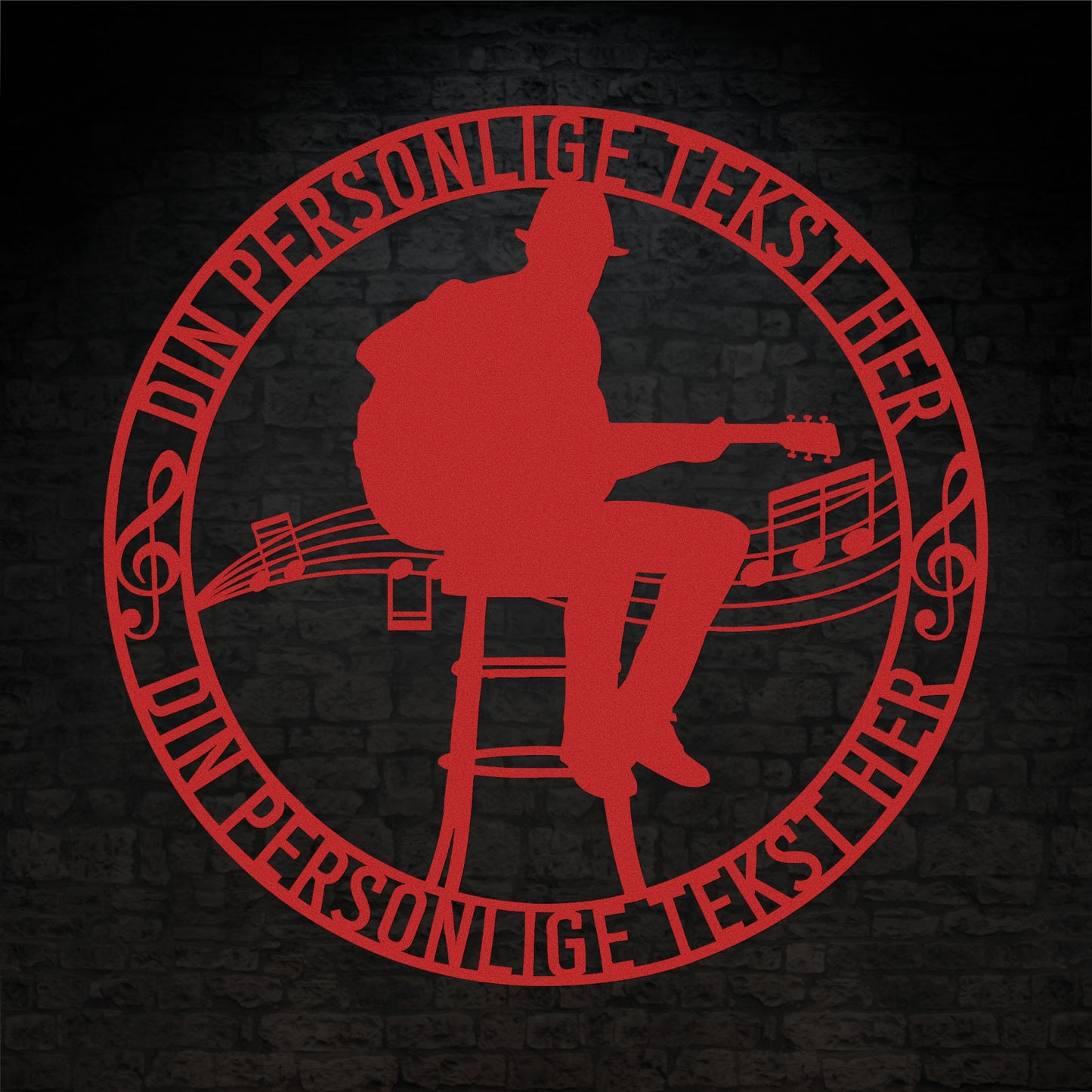 Personlig musiker metalskilt i rød med personlig tekst. Unik guitarist navneskilt gaveidé