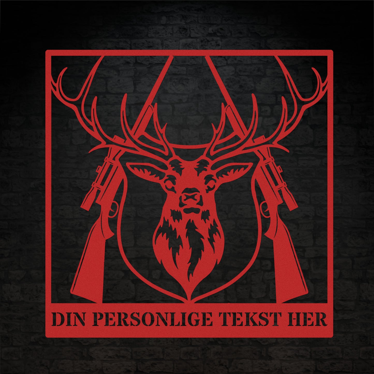Rød metalskilt med navn og personlig tekst til jægeren. Fås i flere farver og størrelser