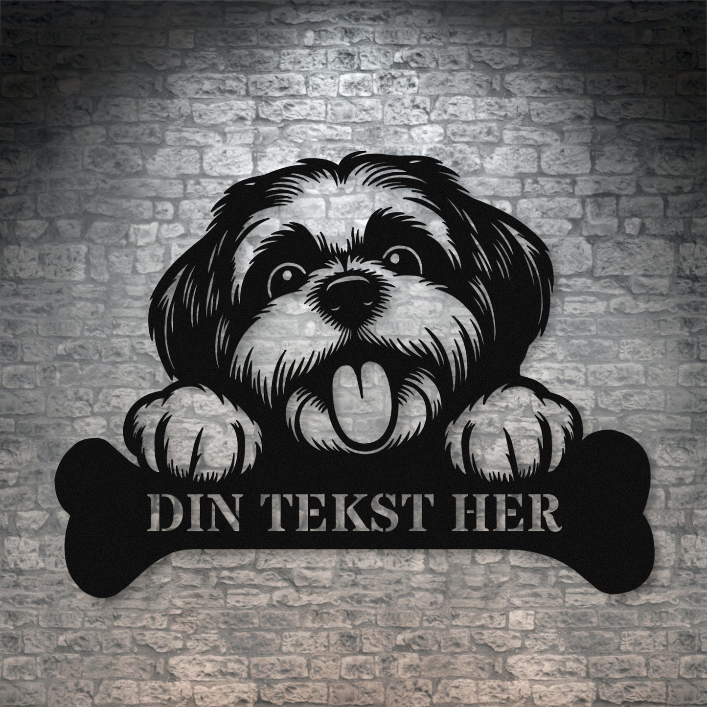 Shih Tsu metalskilt i sort med personlig tekst. Hundeejer navneskilt gaveidé