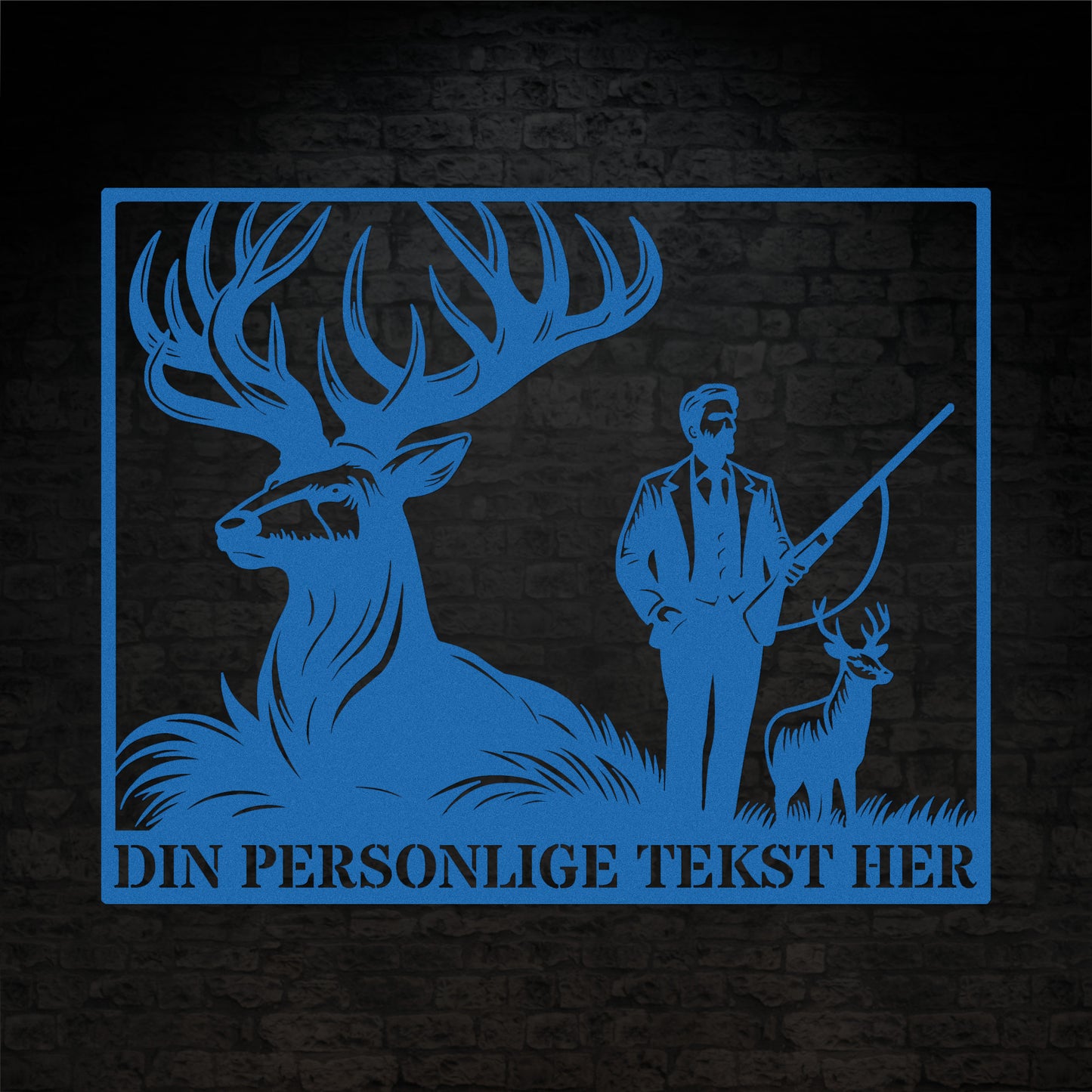 Stort blådt firkantet jagt metalskilt med personlig tekst. Perfekt gave til jægeren
