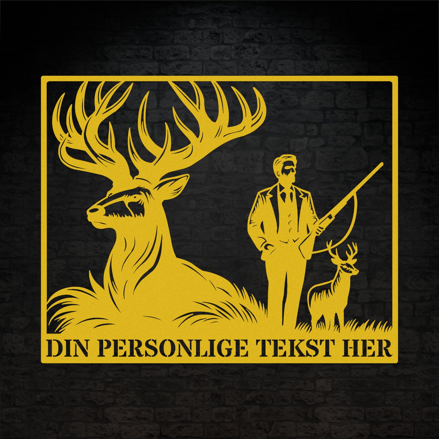 Stort gult firkantet jagt metalskilt med personlig tekst. Perfekt gave til jægeren