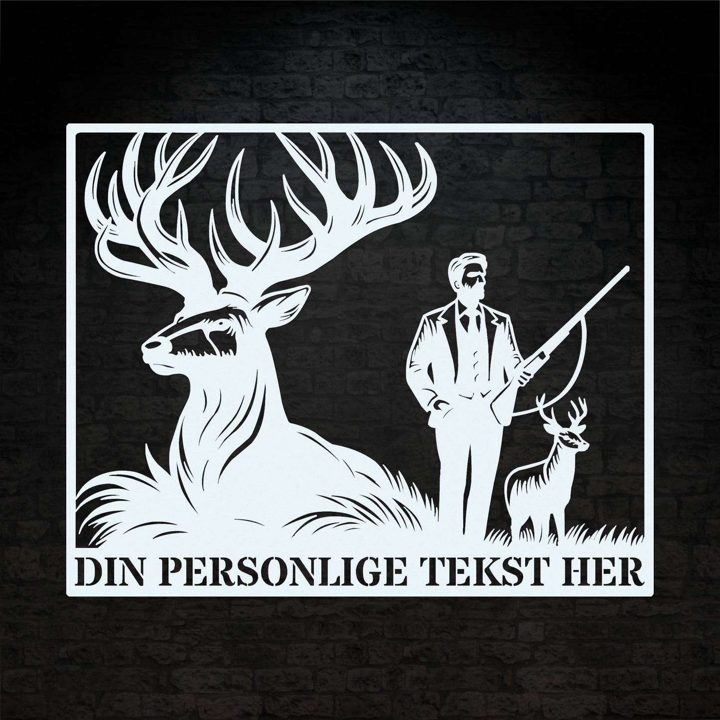 Stort hvidt firkantet jagt metalskilt med personlig tekst. Perfekt gave til jægeren