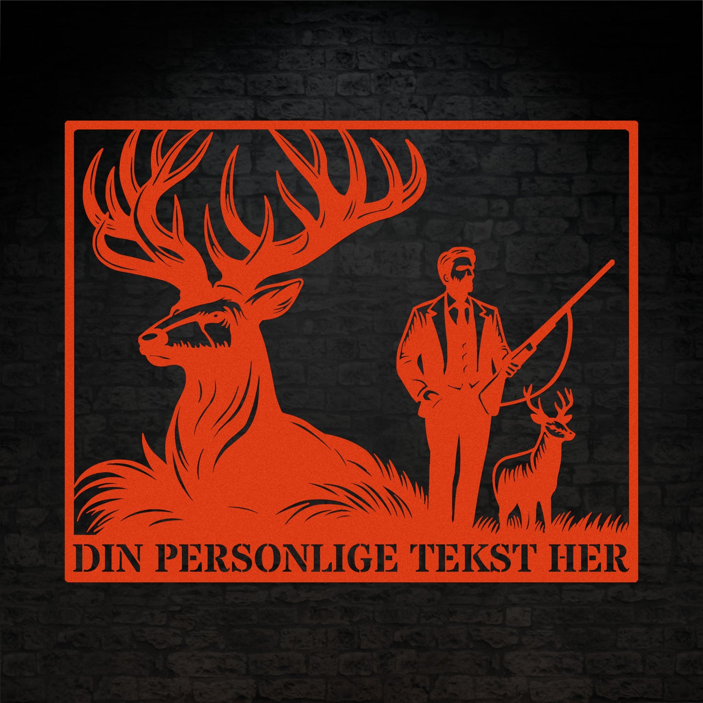 Stort orange firkantet jagt metalskilt med personlig tekst. Perfekt gave til jægeren
