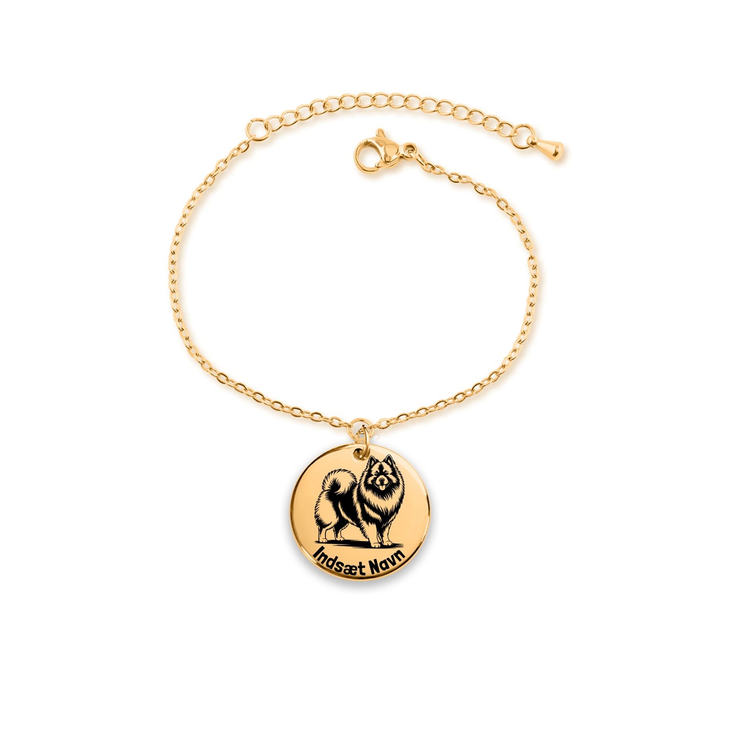 Unik Keeshond guld armbånd i smykkeboks med personlig tekst. Personlig gaveidé til hundeejeren.