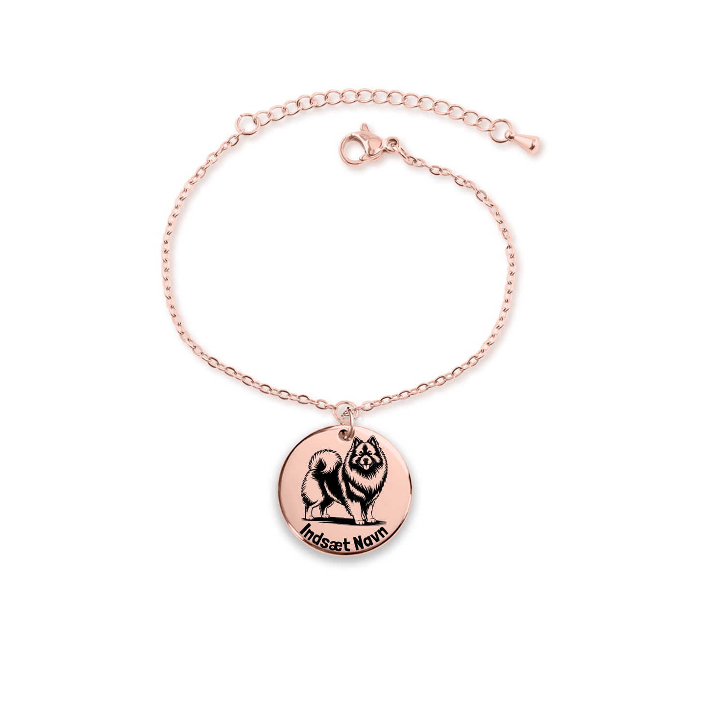 Unik Keeshond rosa guld armbånd i smykkeboks med personlig tekst. Personlig gaveidé til hundeejeren.