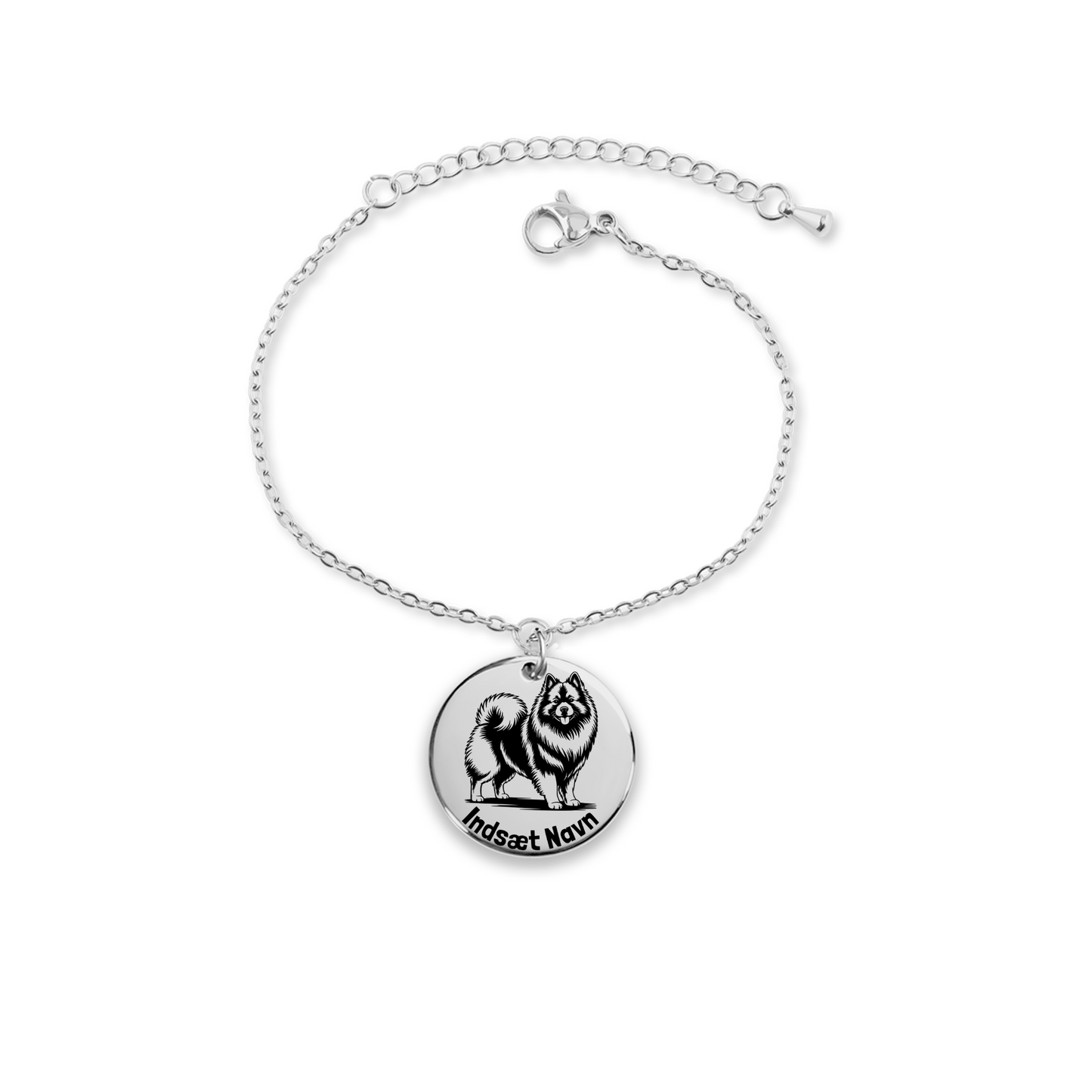 Unik Keeshond sølv armbånd i smykkeboks med personlig tekst. Personlig gaveidé til hundeejeren..