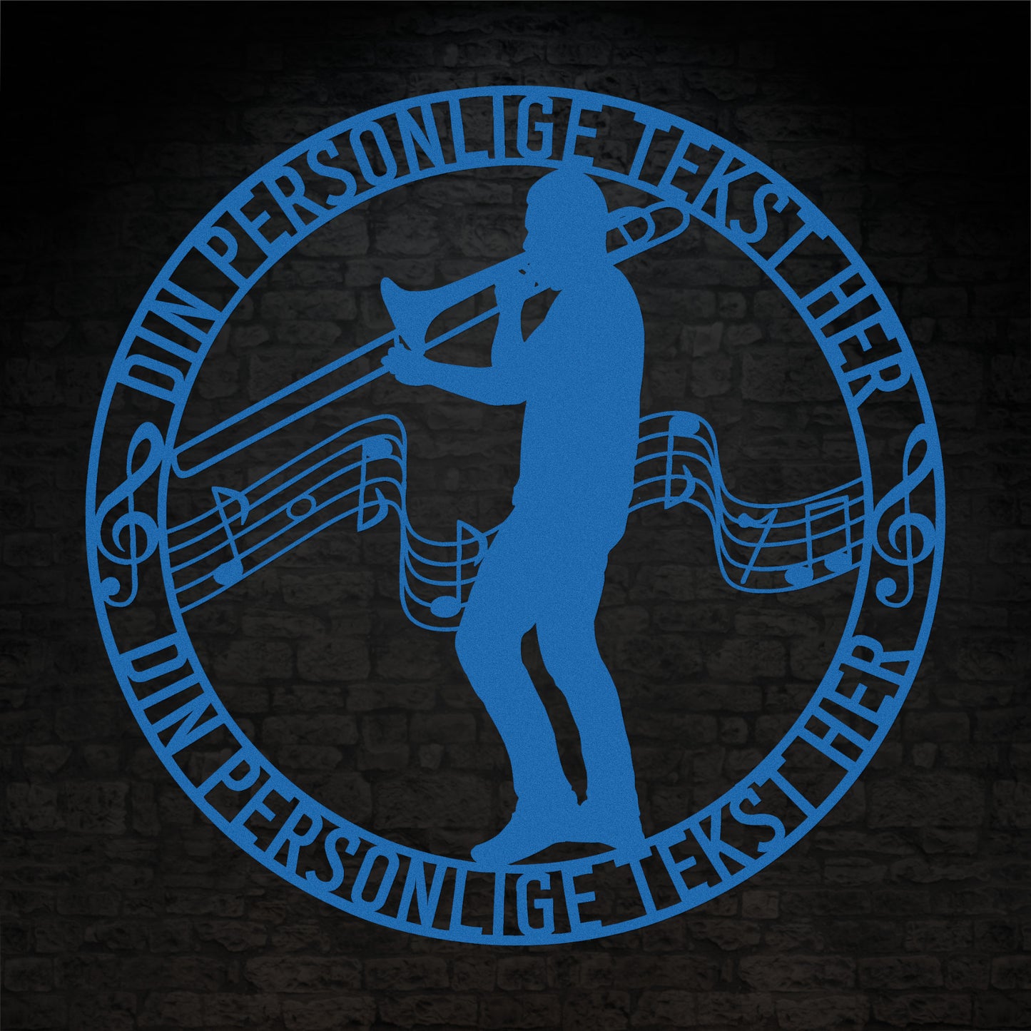 Unik mandlig trombonist metal vægskilt i blå med personlig tekst. Unik musiker gaveidé