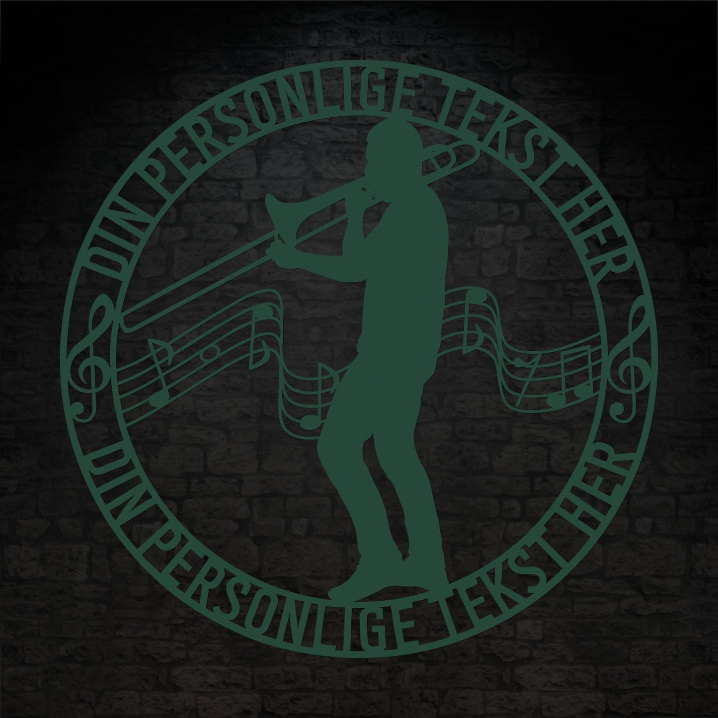 Unik mandlig trombonist metal vægskilt i grøn med personlig tekst. Unik musiker gaveidé