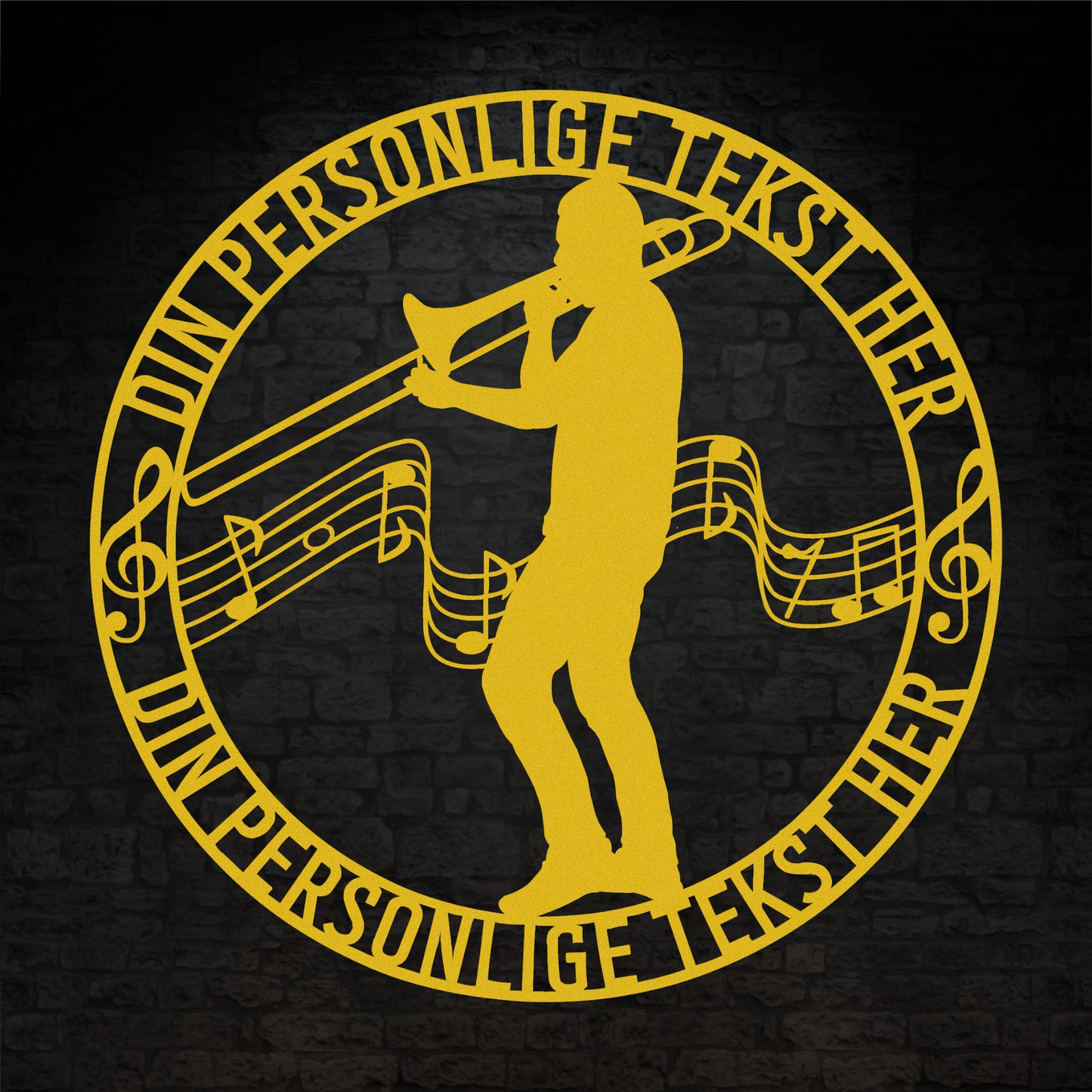 Unik mandlig trombonist metal vægskilt i gul med personlig tekst. Unik musiker gaveidé