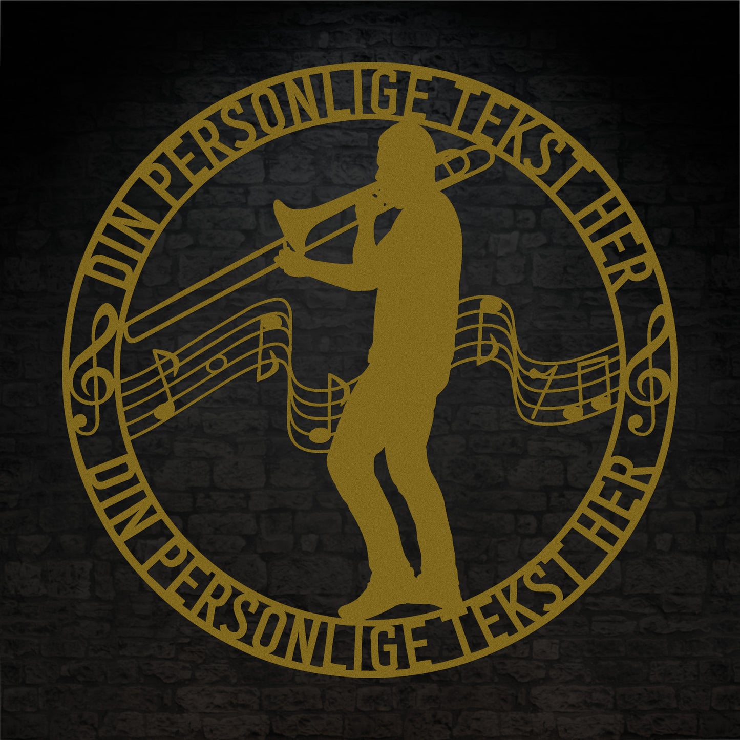 Unik mandlig trombonist metal vægskilt i guld med personlig tekst. Unik musiker gaveidé