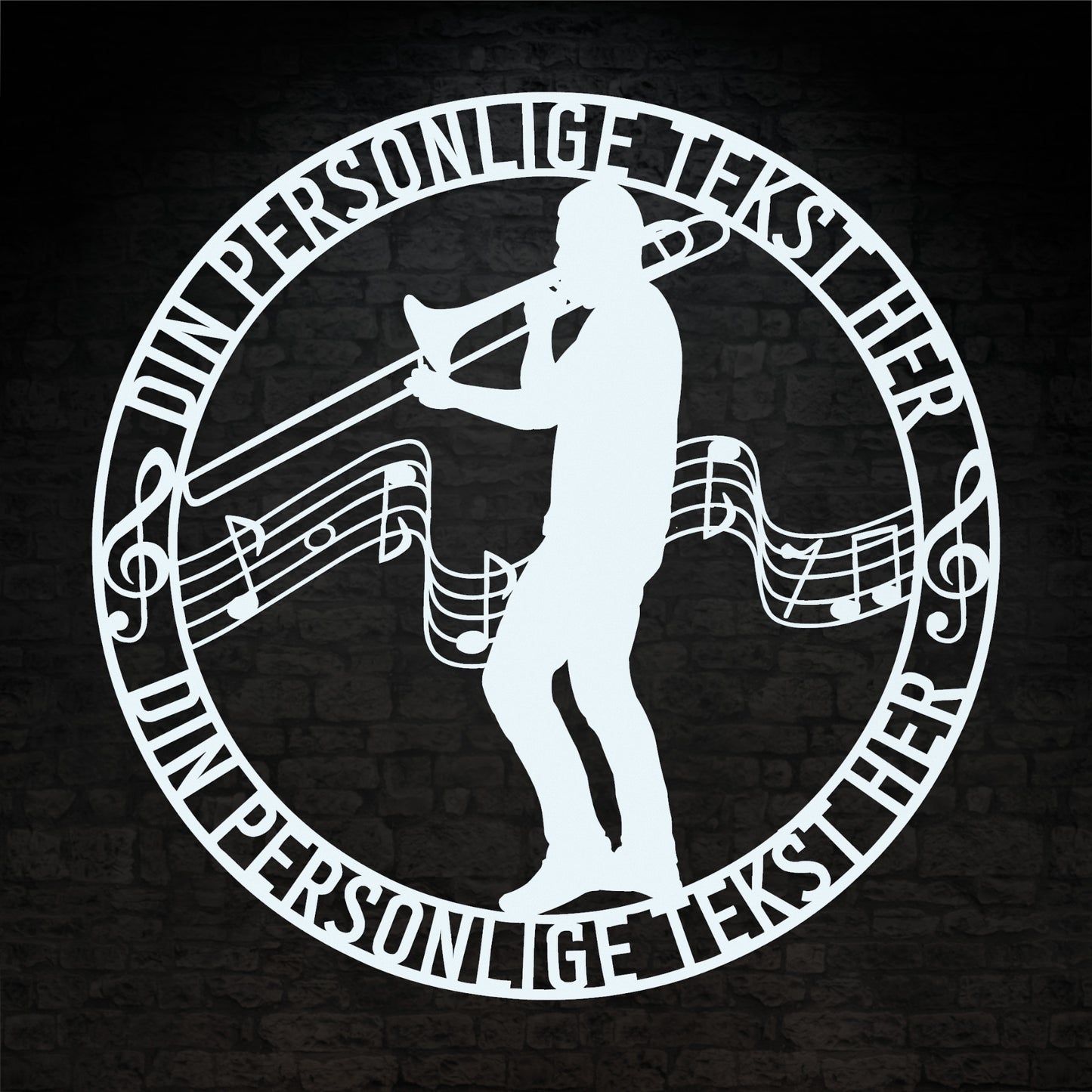 Unik mandlig trombonist metal vægskilt i hvid med personlig tekst. Unik musiker gaveidé