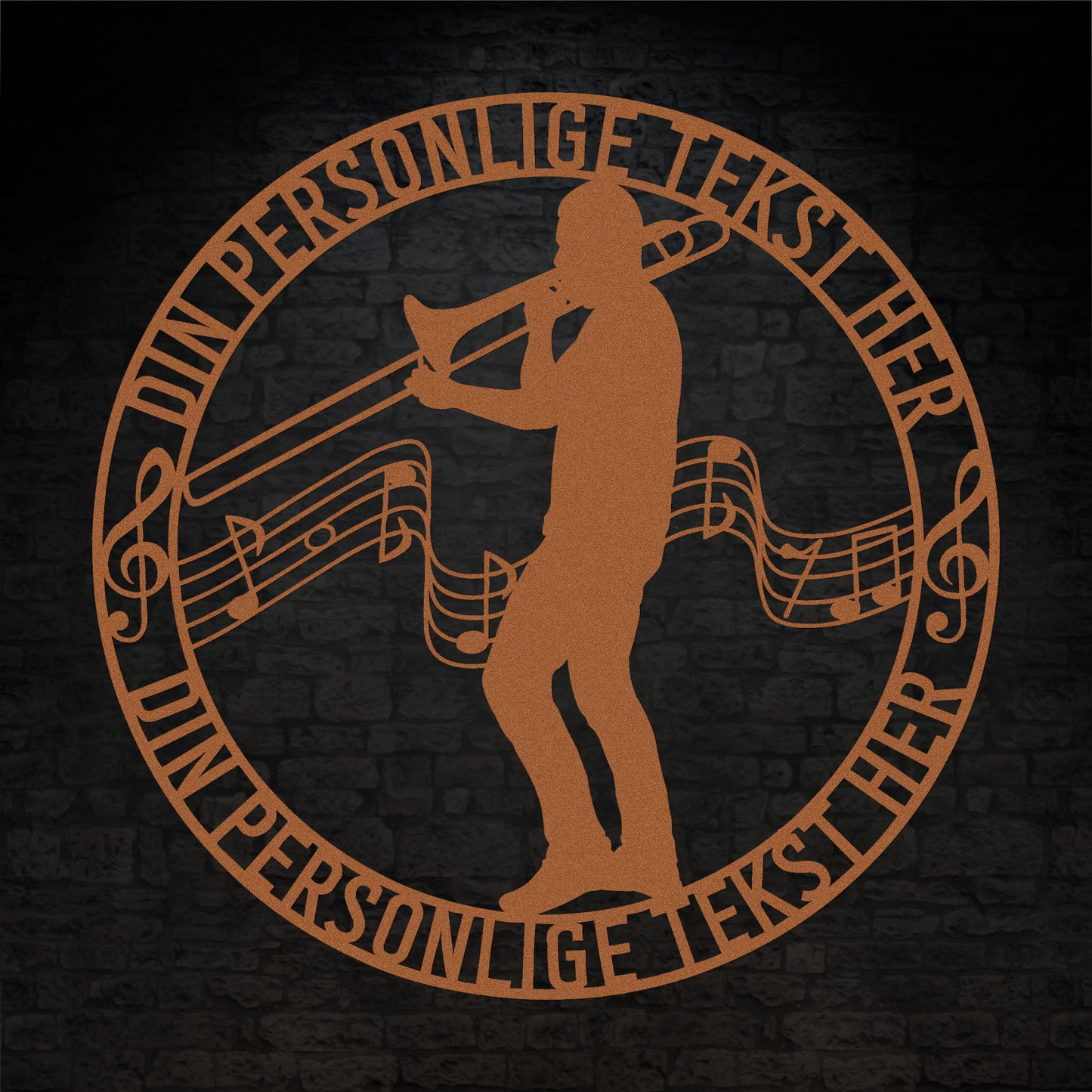 Unik mandlig trombonist metal vægskilt i kobber med personlig tekst. Unik musiker gaveidé