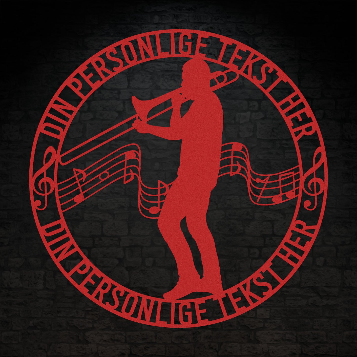 Unik mandlig trombonist metal vægskilt i rød med personlig tekst. Unik musiker gaveidé