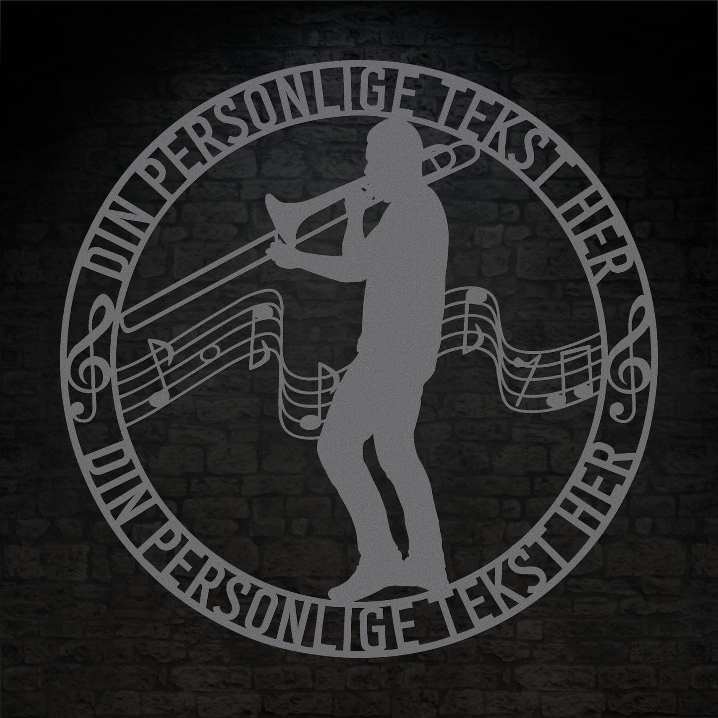 Unik mandlig trombonist metal vægskilt i sølv med personlig tekst. Unik musiker gaveidé