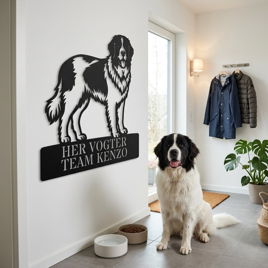Her vogter jeg. Landseer hunde metal navneskilt