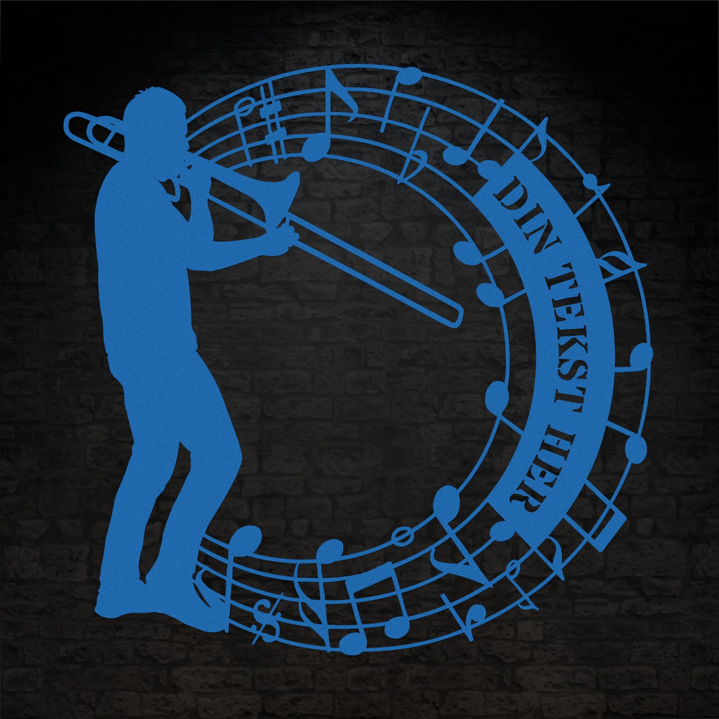 rund trombonist metal vægskilt i blå med personlig tekst. Unik gaveidé til muikeren