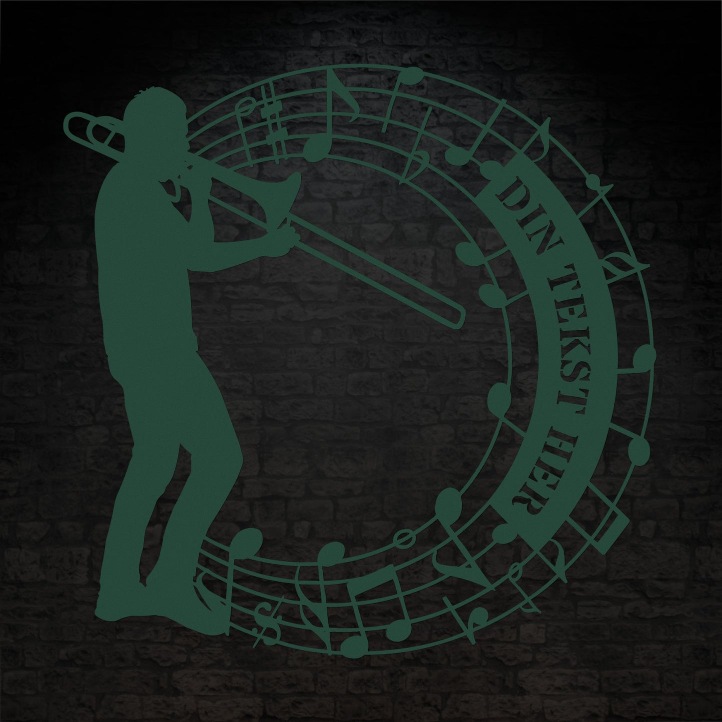 rund trombonist metal vægskilt i grøn med personlig tekst. Unik gaveidé til muikeren
