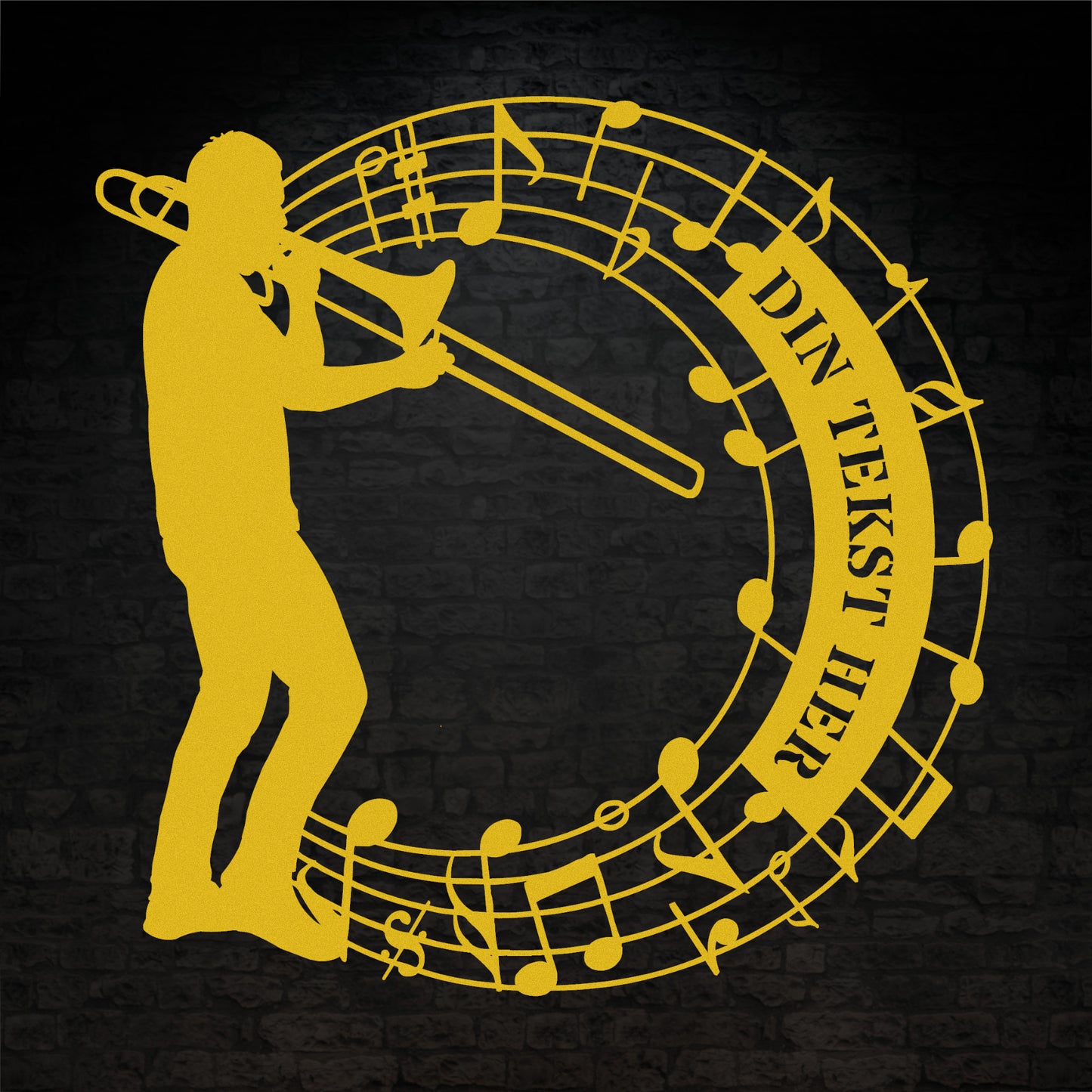 rund trombonist metal vægskilt i gul med personlig tekst. Unik gaveidé til muikeren