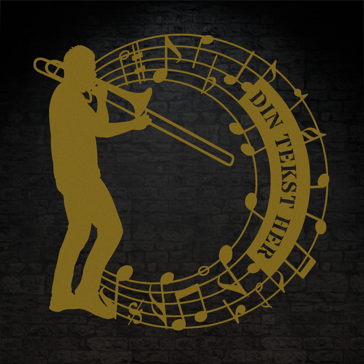 rund trombonist metal vægskilt i guld med personlig tekst. Unik gaveidé til muikeren