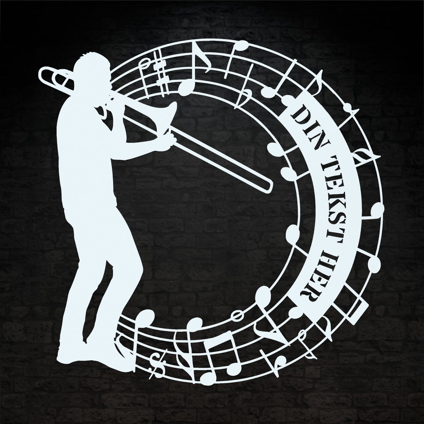 rund trombonist metal vægskilt i hvid med personlig tekst. Unik gaveidé til muikeren
