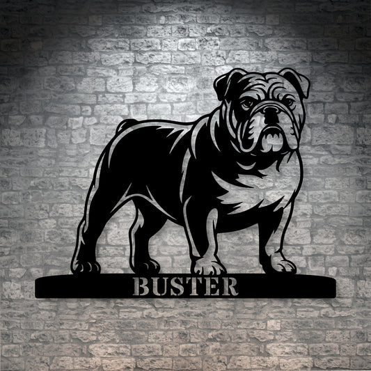 Personlig Engelsk Bulldog væg metalskilt med hundenavn