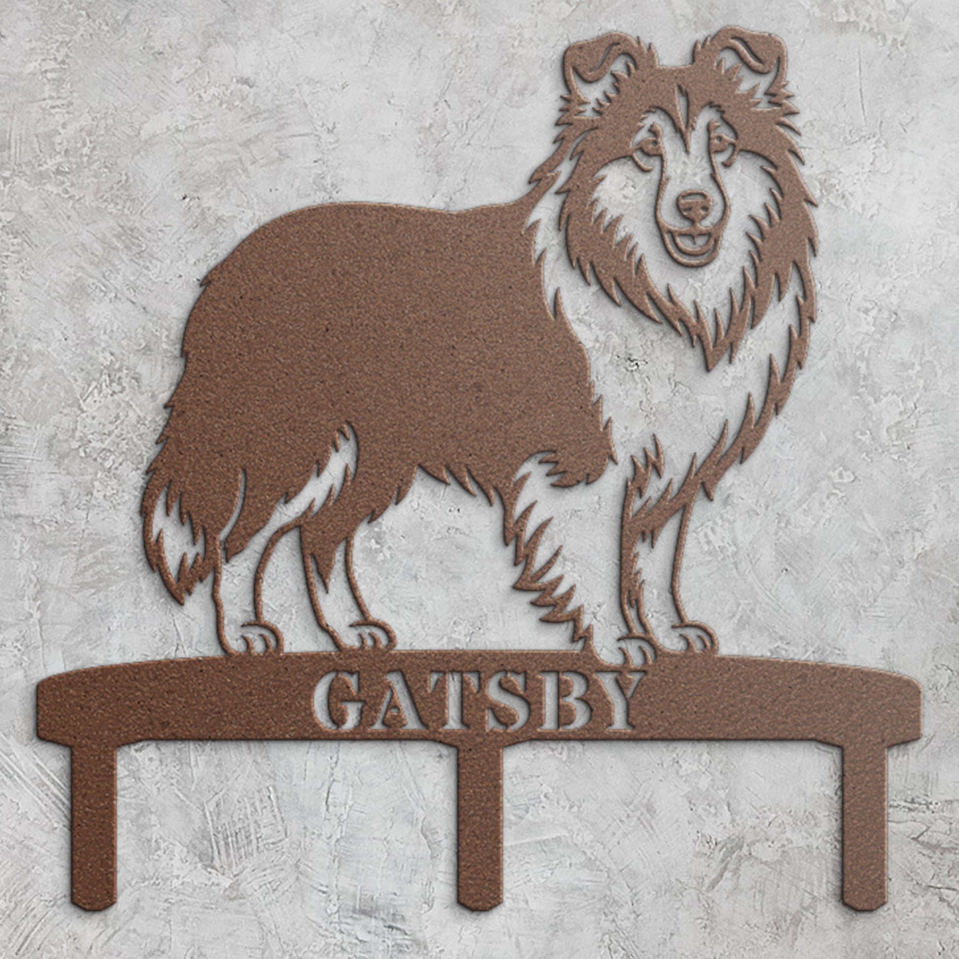 Personlig Shetland Sheepdog metalskilt til haven med hundenavn